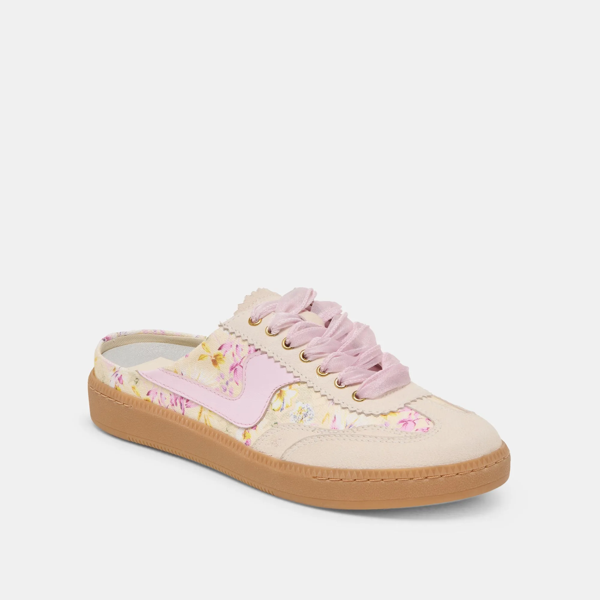 warm glow heel cup NOTICE SLIDE SNEAKERS PURPLE FLORAL LEATHER