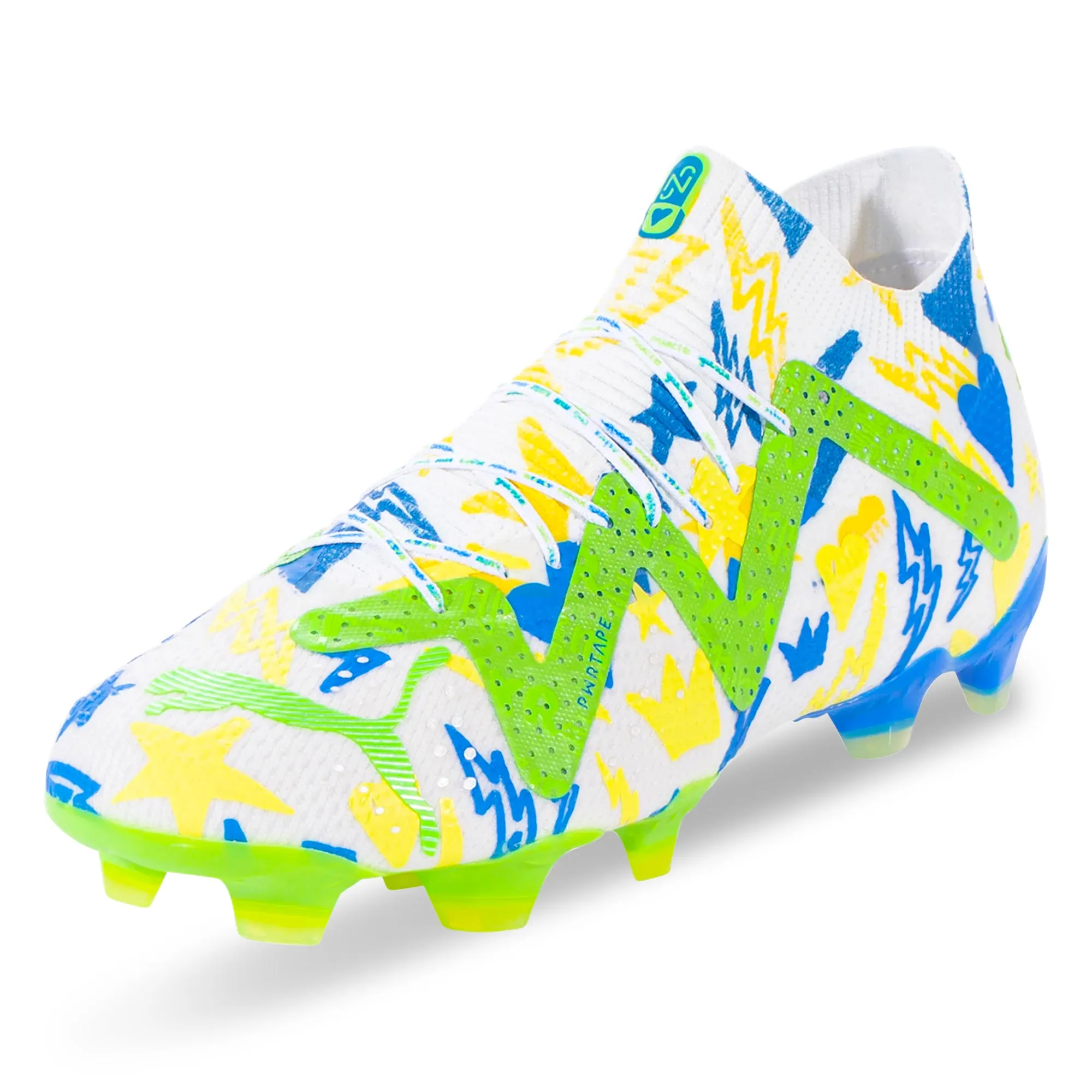 Reaction Time Compact Build Puma Future Ultimate X Neymar Jr FG/AG Soccer Cleats (Puma White/Racing Blue/Parakeet Green)