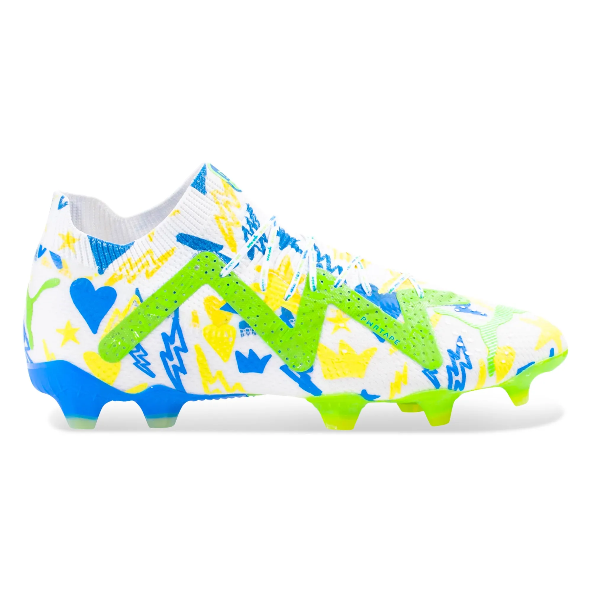 Footing Control Tournament Play Puma Future Ultimate X Neymar Jr FG/AG Soccer Cleats (Puma White/Racing Blue/Parakeet Green)