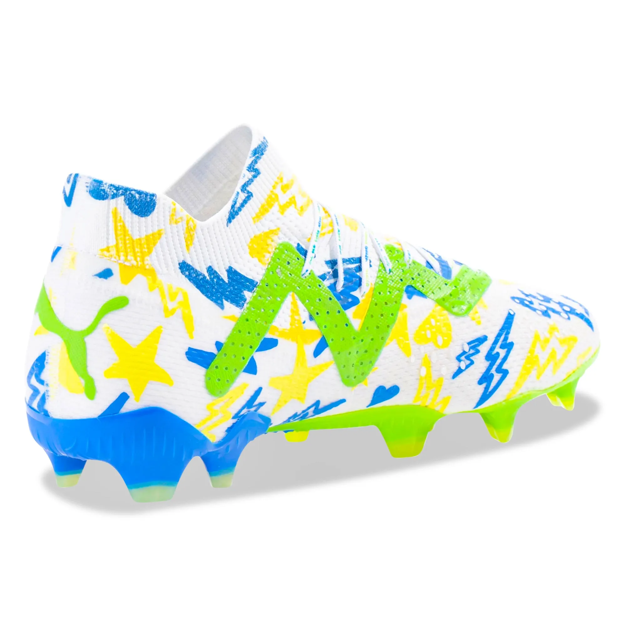 Indoor Fit Puma Future Ultimate X Neymar Jr FG/AG Soccer Cleats (Puma White/Racing Blue/Parakeet Green)