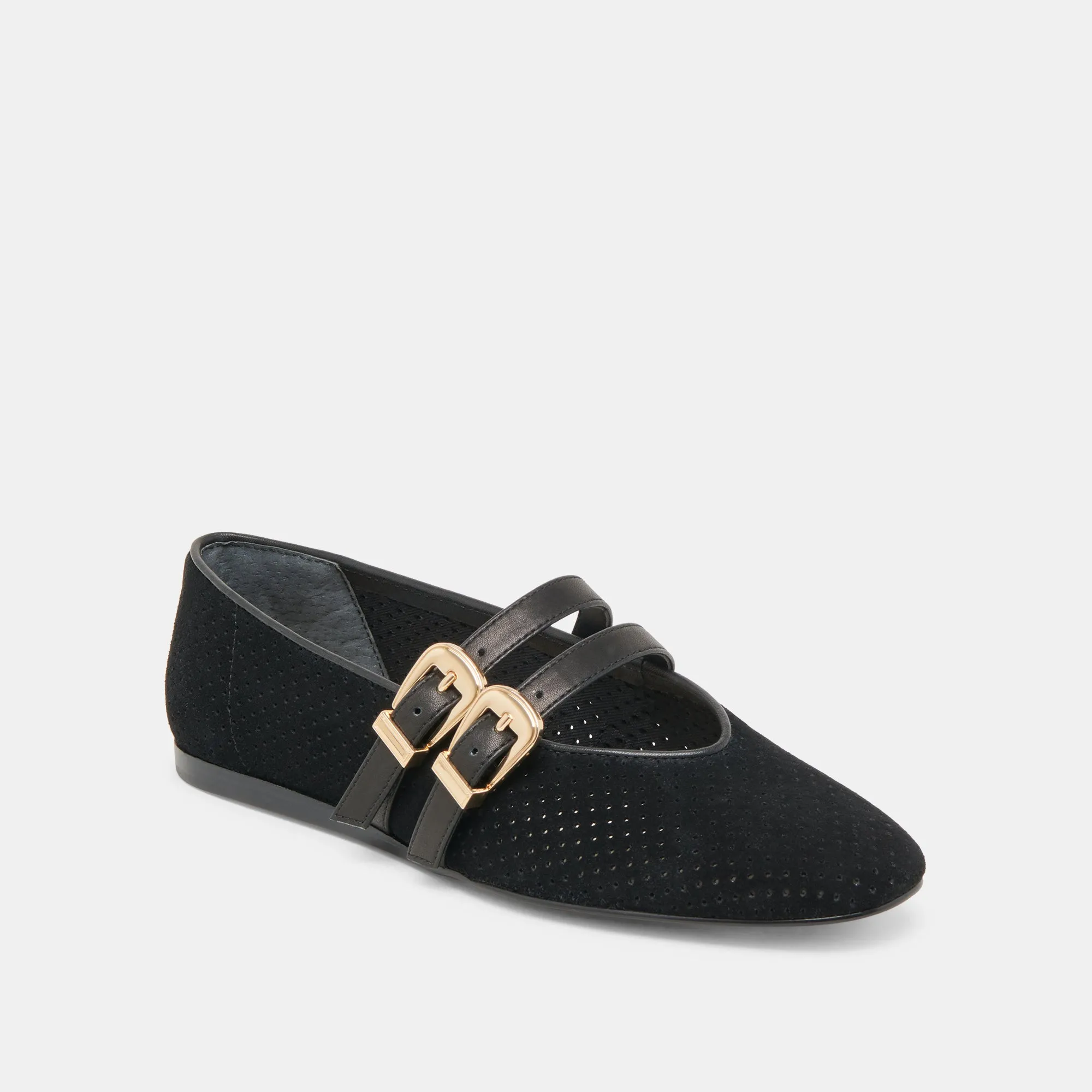Print Fun BAYLEE BALLET FLATS ONYX PERFORATED SUEDE