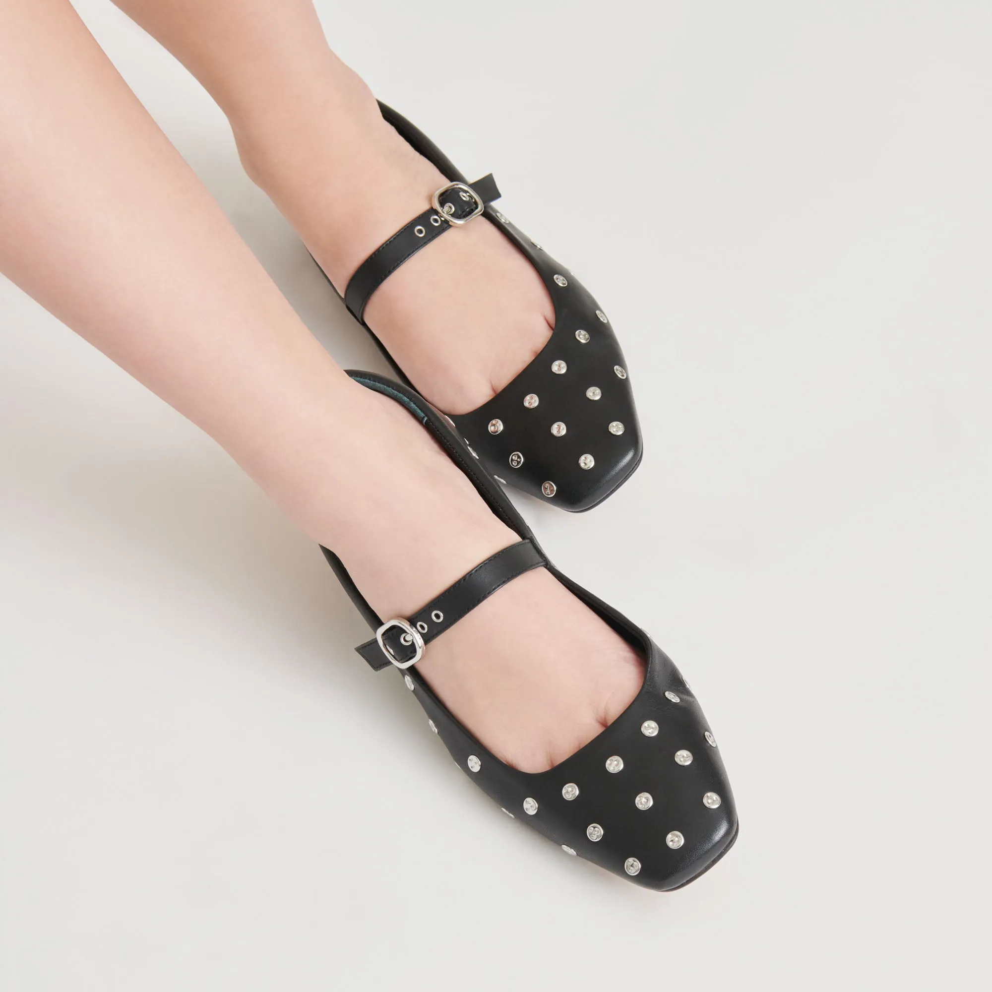 School Day Street Glow REYES STUD BALLET FLATS BLACK LEATHER