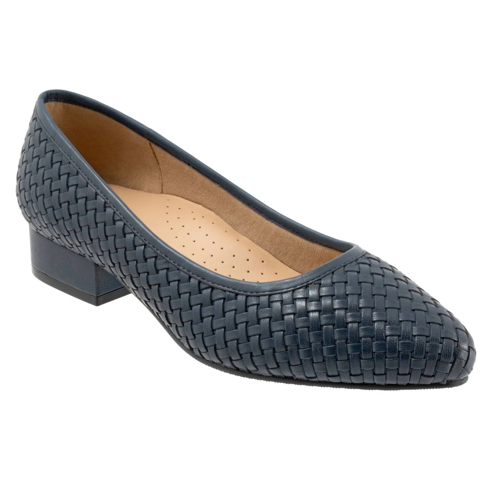 Trotters Jade T2269-400 Womens Blue Wide Leather Slip On Pumps Heels Shoes Summer Sandals Formal Event Heels