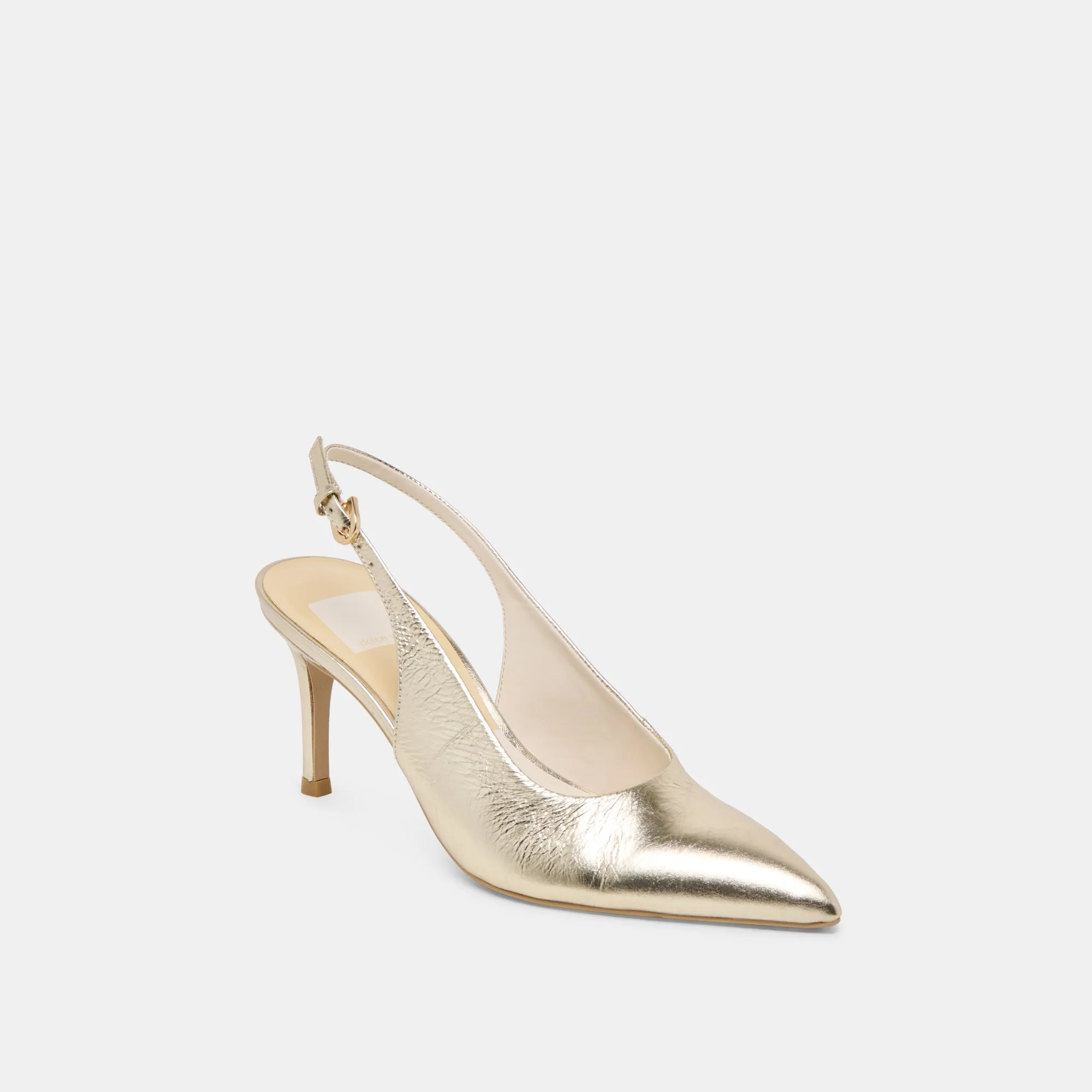 Open Back Heeled Sandals Breathable Design ELASI HEELS LIGHT GOLD CRINKLE PATENT