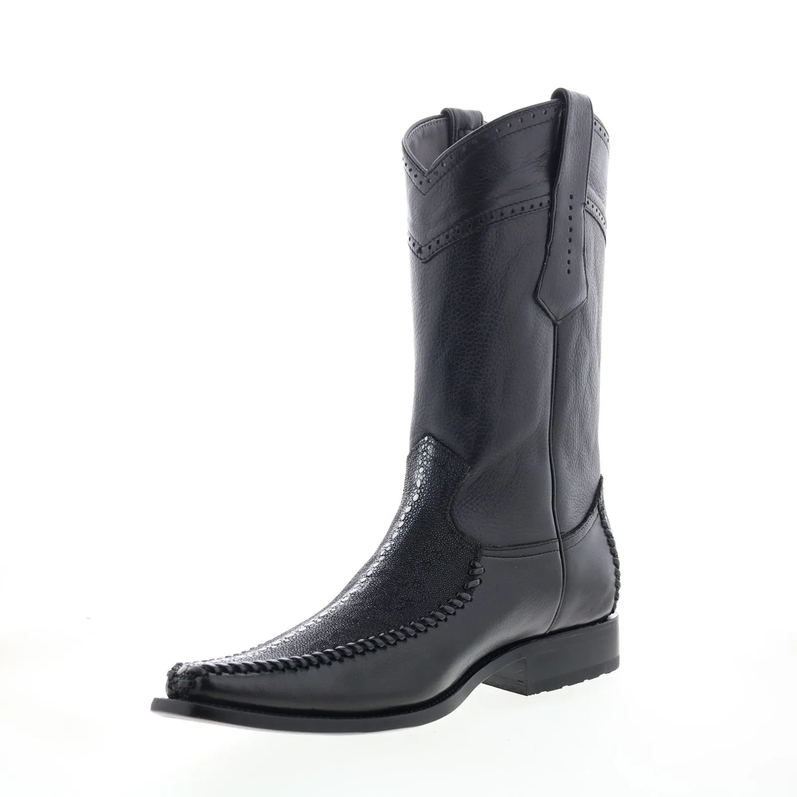 Los Altos  Square Toe Stingray Rowstone Mens Black Wide Cowboy Western Boots ground grip Anti-slip