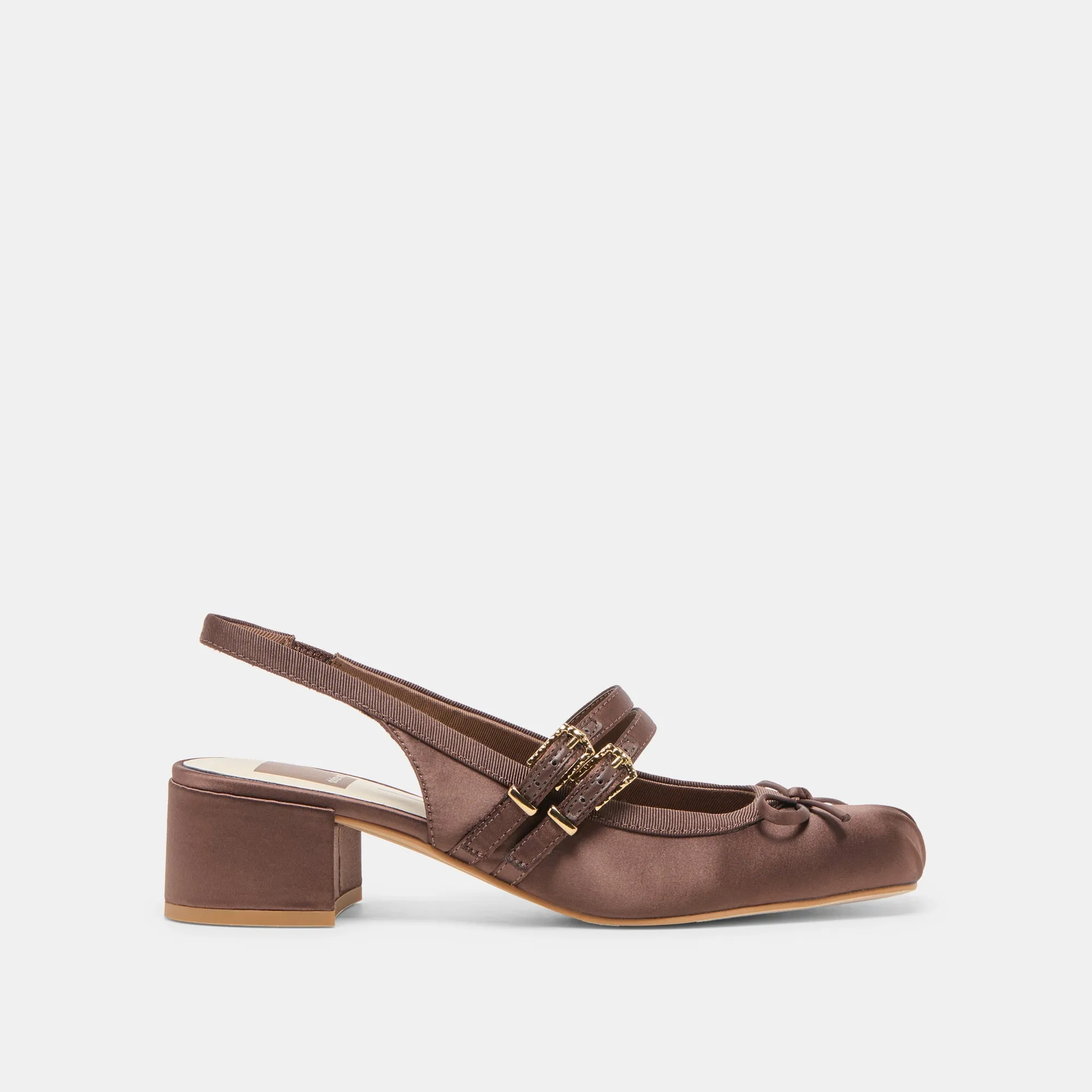 LORIS HEELS MAHOGANY SATIN Black Leather Stilettos