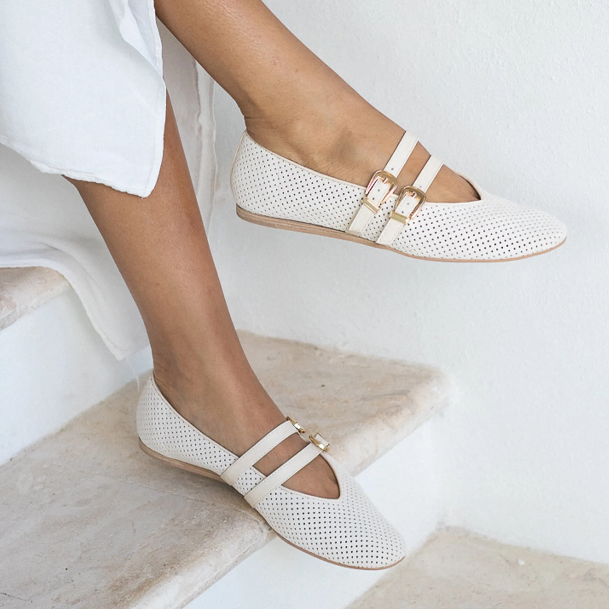 BAYLEE BALLET FLATS BONE PERFORATED SUEDE Buckle Closure