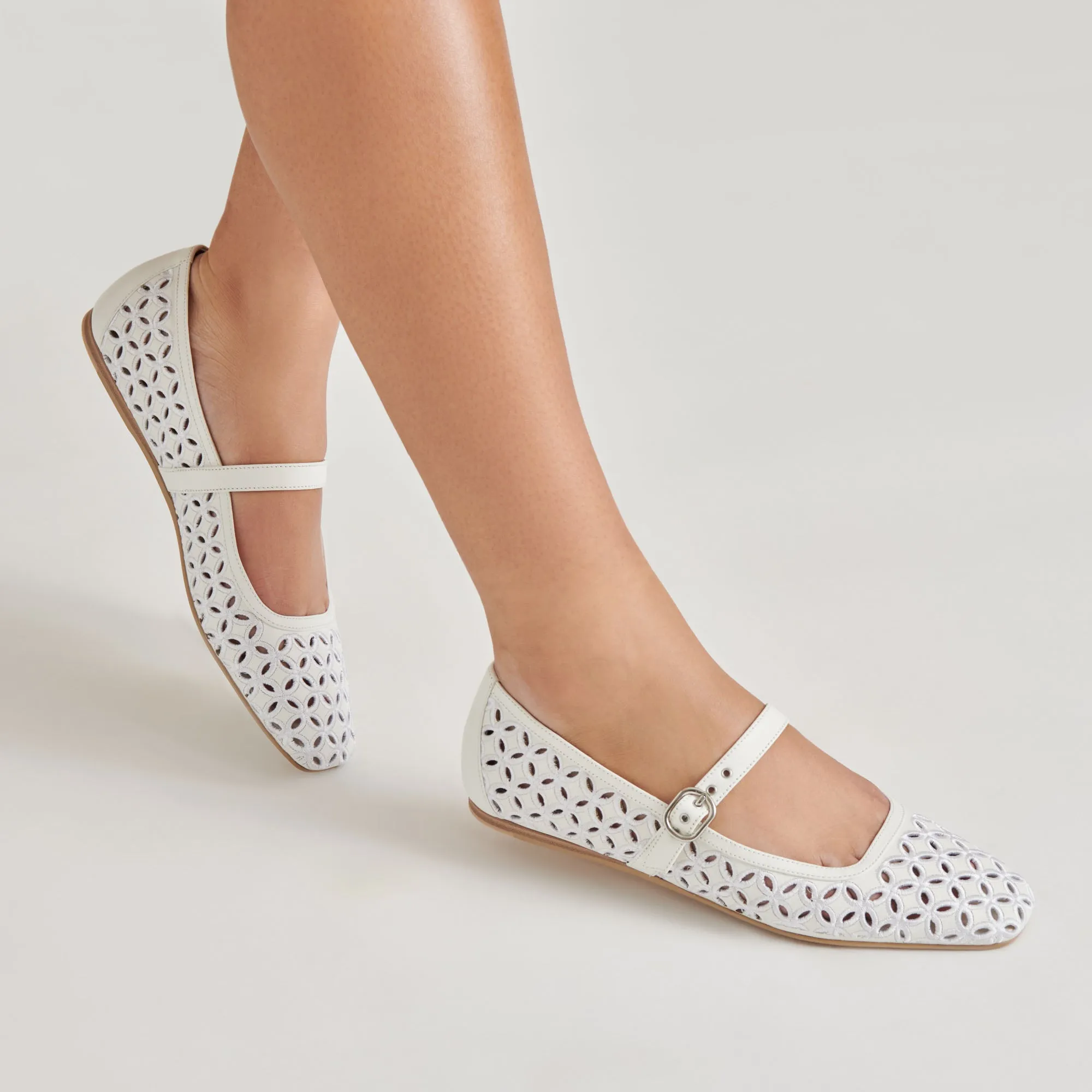 Trendy Design On-The-Go Footwear RODNI EYELET PERF BALLET FLATS TRUE WHITE LEATHER