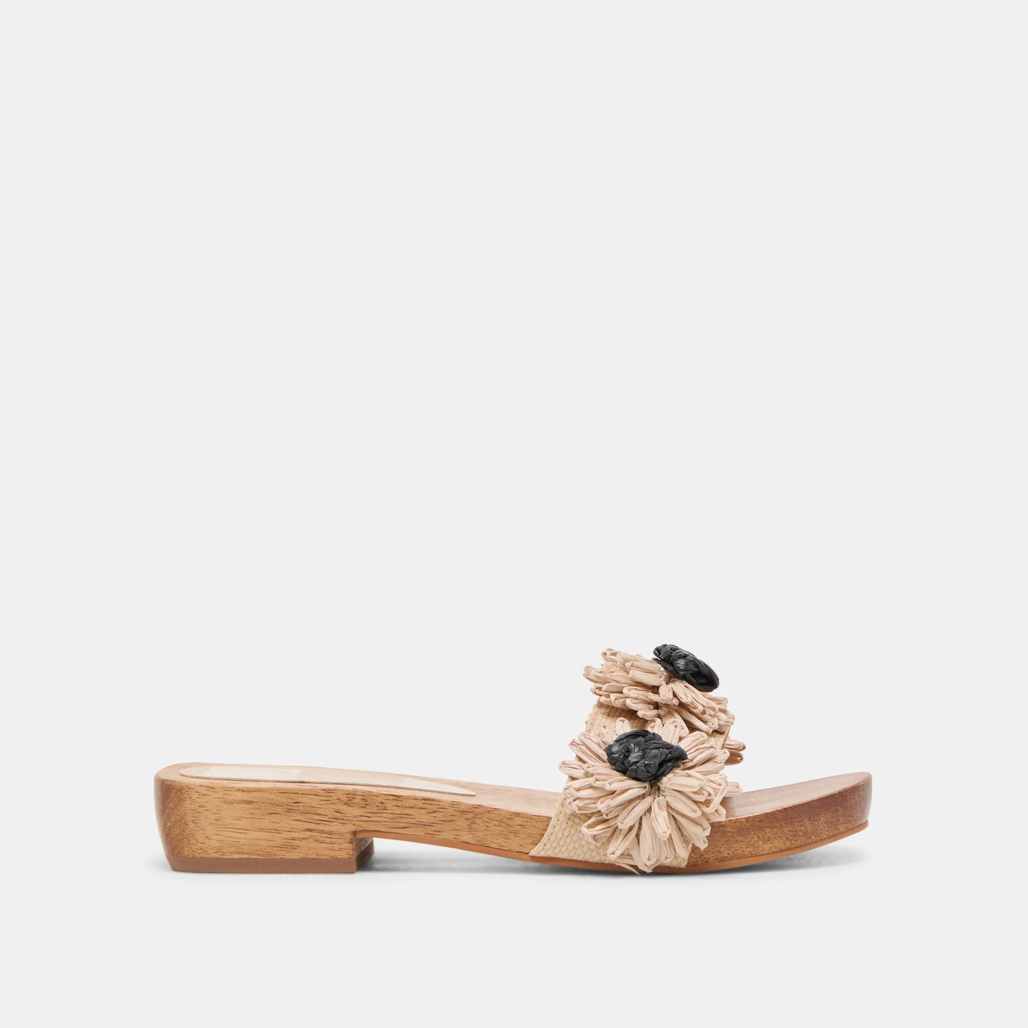 ARIENA SANDALS BLACK NATURAL FLORAL RAFFIA Adjustable band