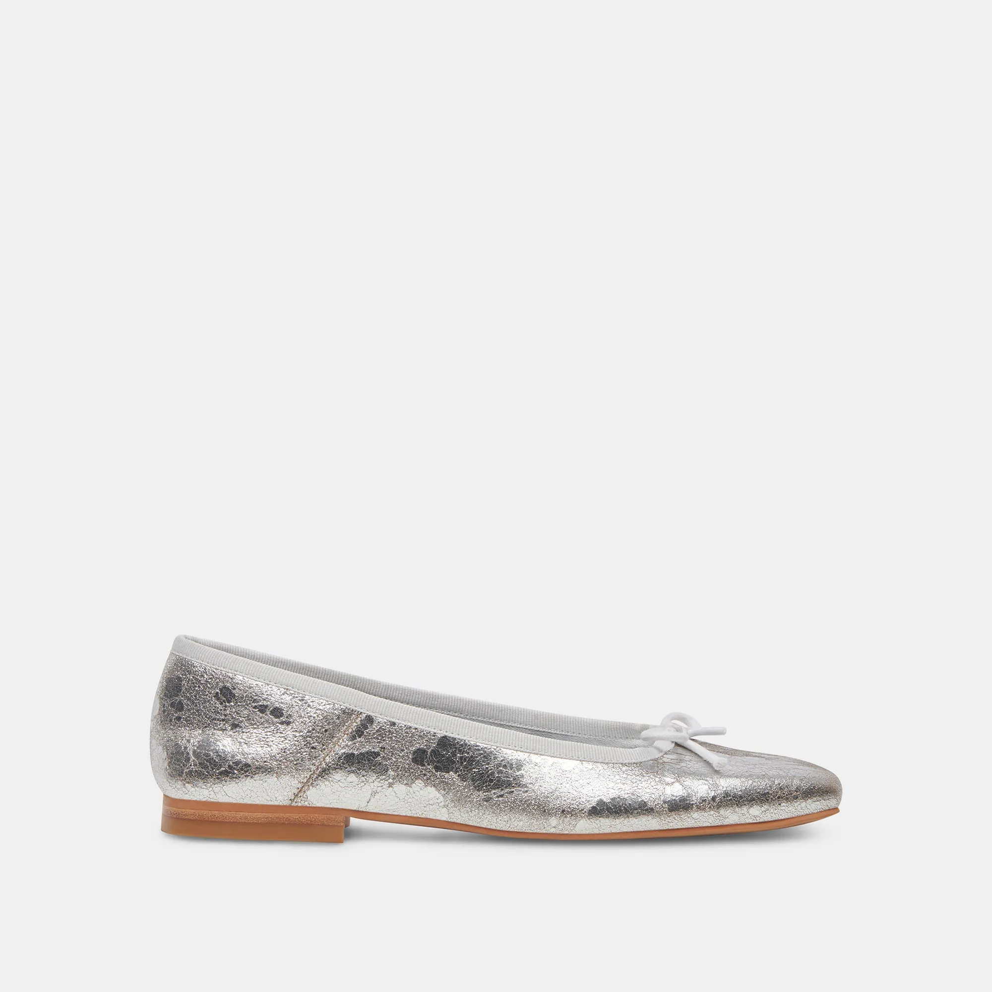 Leather Soft Pose Shot ANISA WIDE BALLET FLATS SILVER DISTRESSED LEATHER