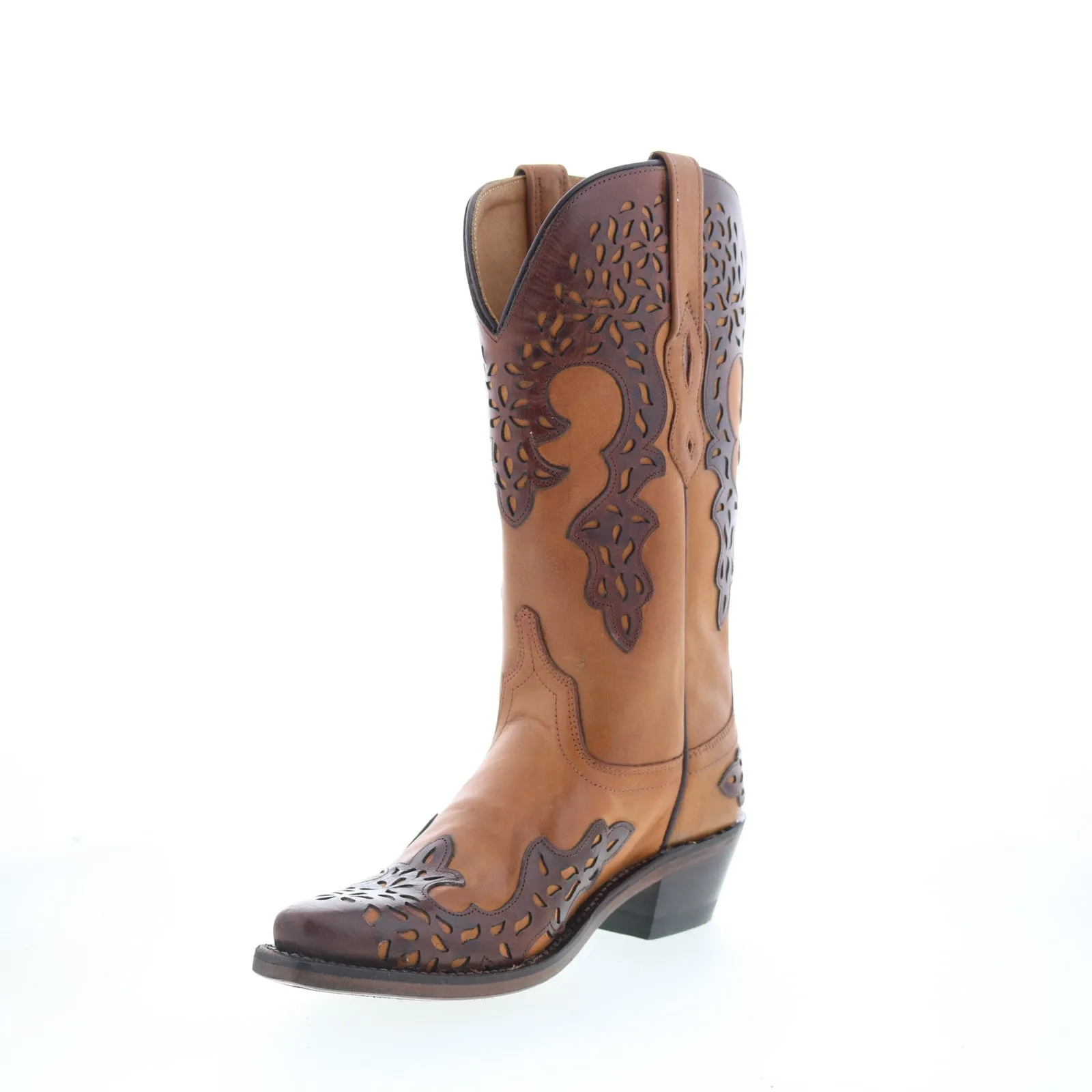 Wide toe box Jama Old West LF1539 Womens Brown Leather Slip On Cowboy Western Boots