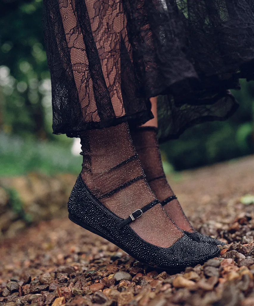 upper anti static REYES CRYSTAL BALLET FLATS BLACK METALLIC CRYSTAL