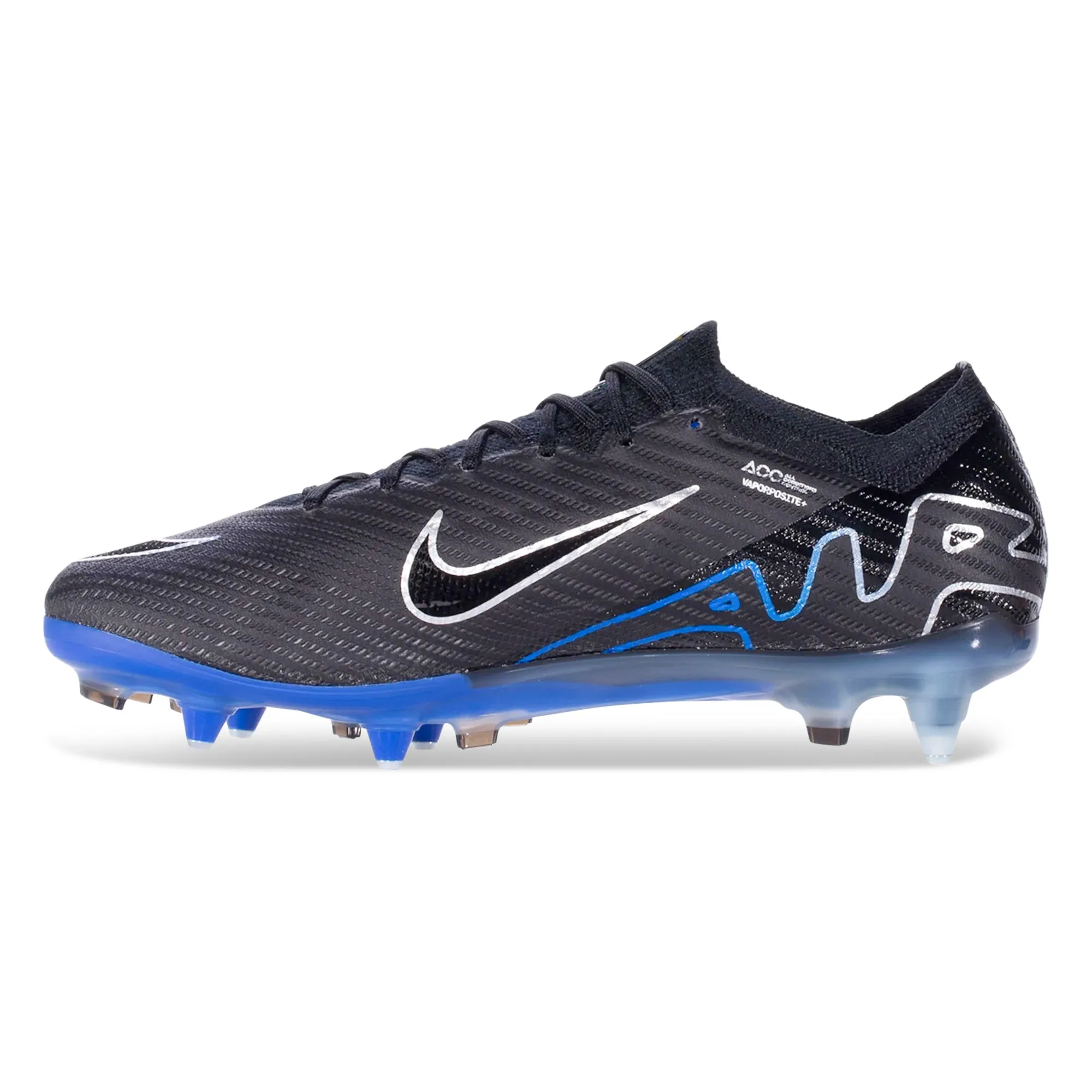 Wet Grass Nike Zoom Vapor 15 Elite Firm Ground Soccer Cleats (Black/Chrome-Hyper Royal)
