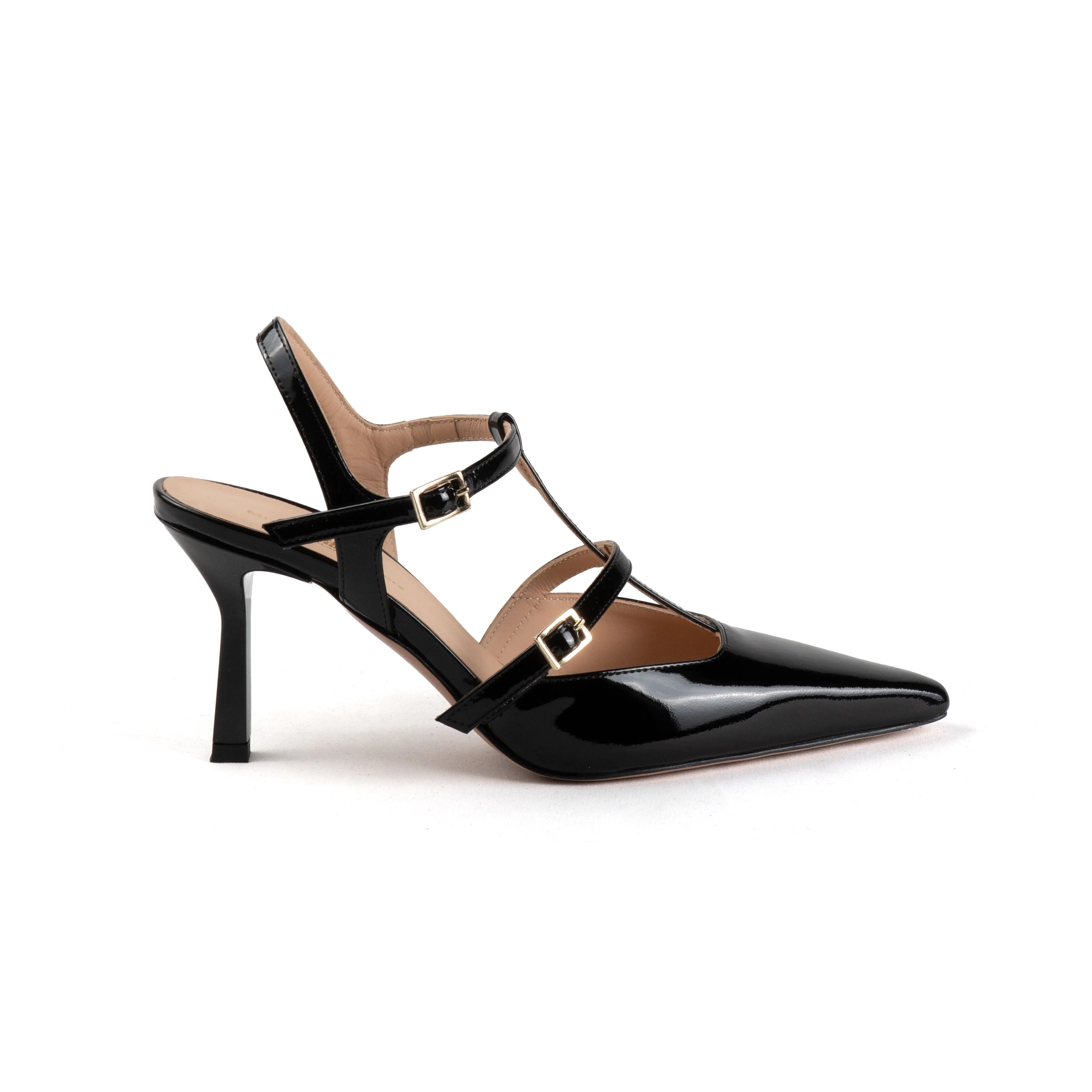 SILVANA T STRAP PUMPS Classic Design Black Leather Stilettos