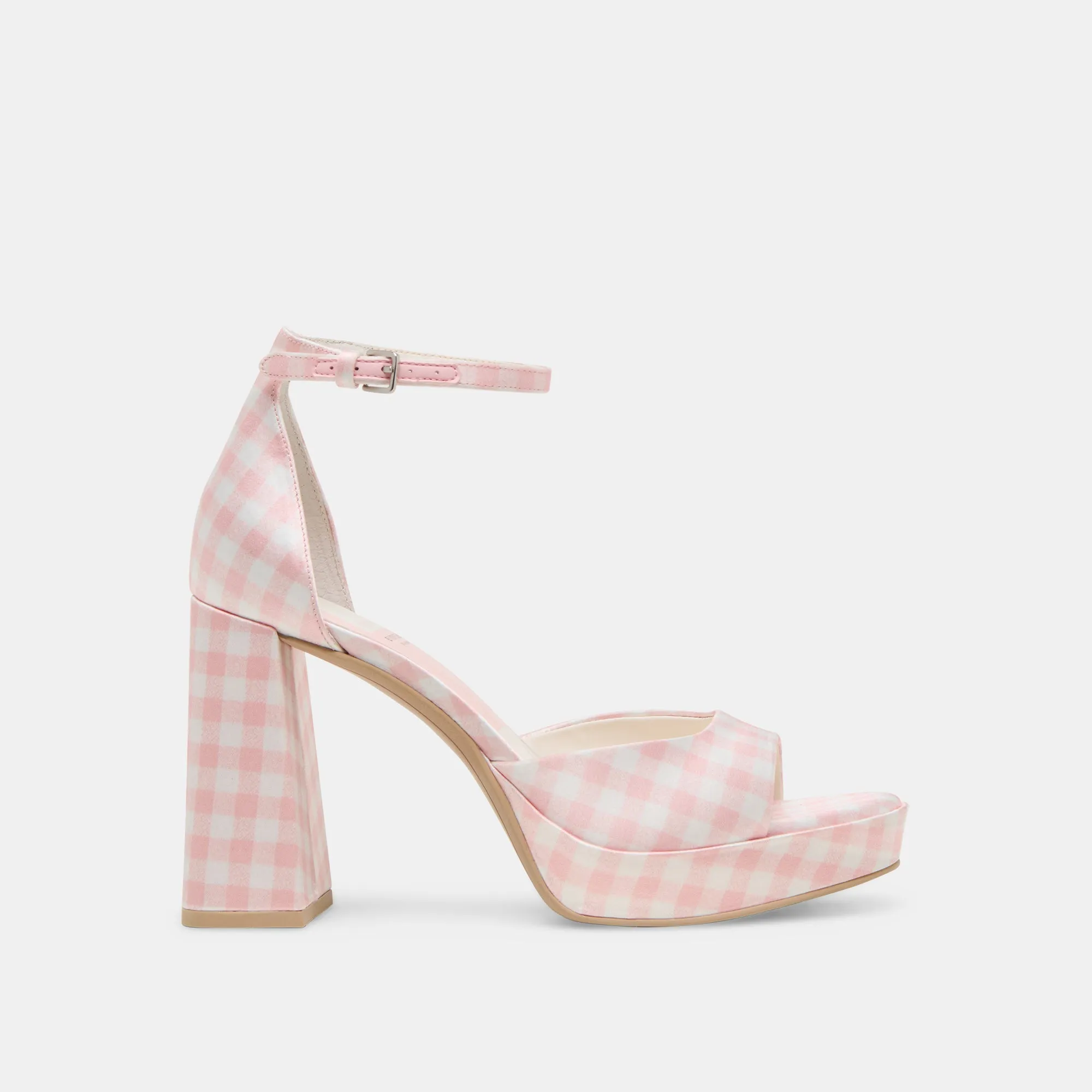 PANDRO X BYRDIE GOLF HEELS PINK PLAID GINGHAM Wide Strap Heels