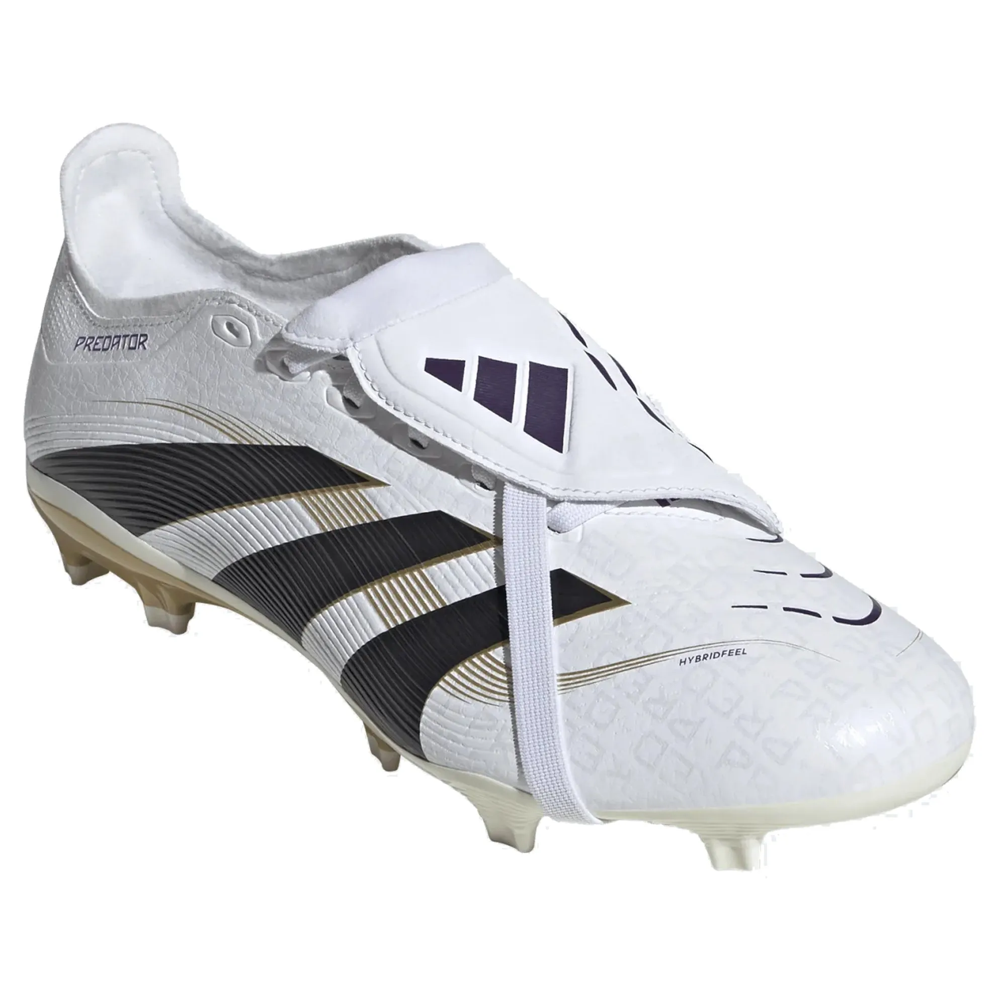 adidas Predator League FT Fold Tongue FG/MG Soccer Cleats (White/Black/Gold Metallic) Breathable Material Speed Action