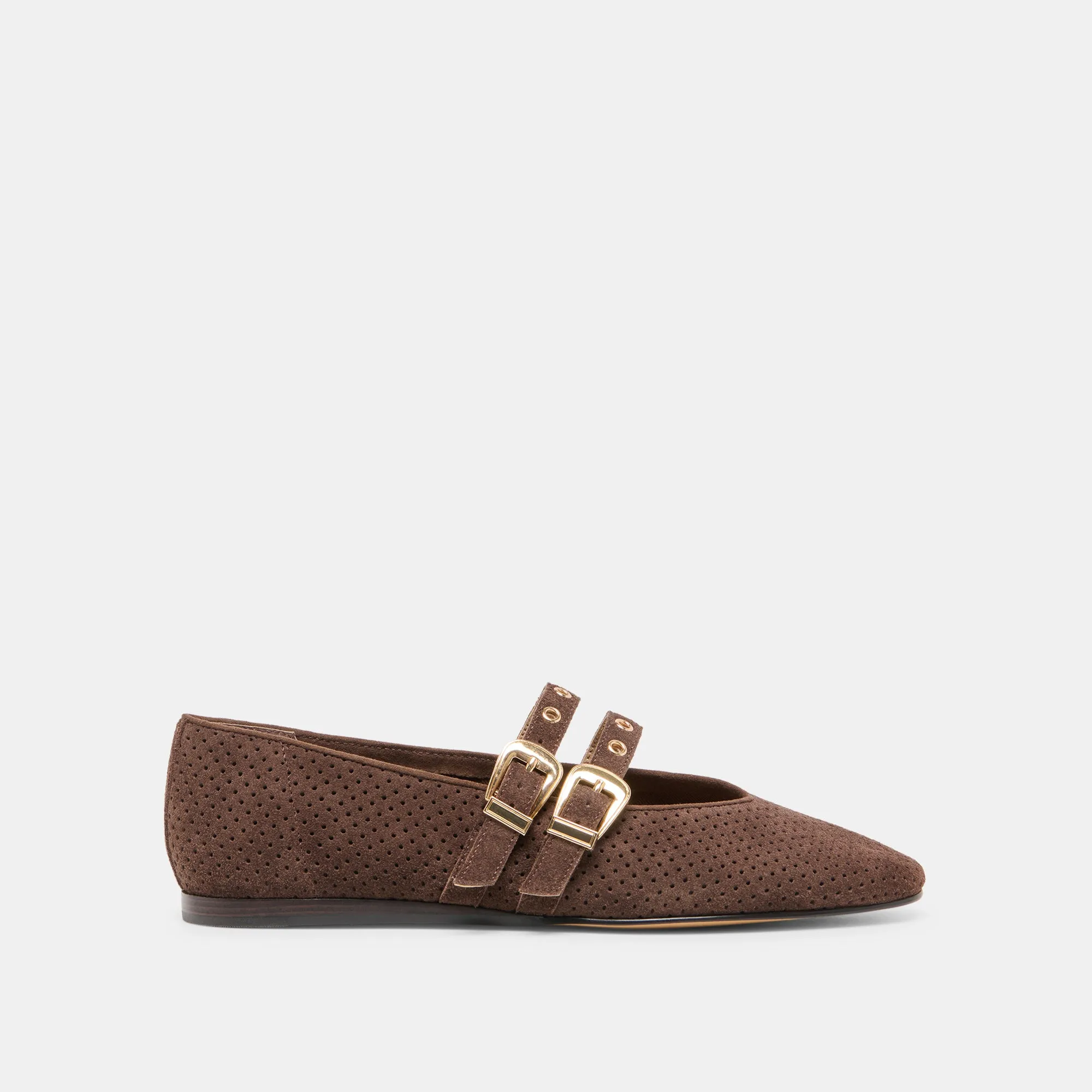 Ankle Strap Removable insole BAYLEE GROMMET BALLET FLATS DK BROWN PERFORATED SUEDE