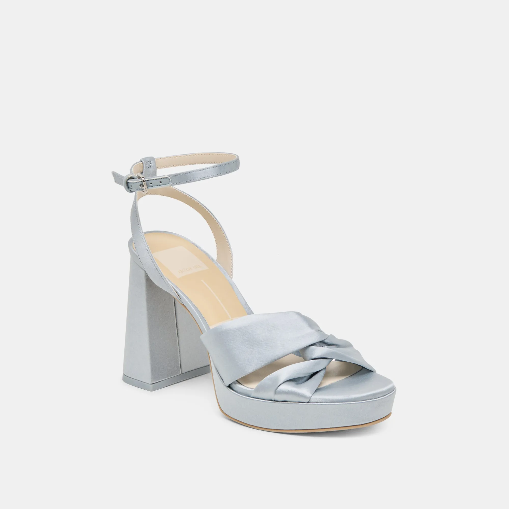 PARLO HEELS LIGHT BLUE SATIN Ankle Strap Heels Wide Strap Heels