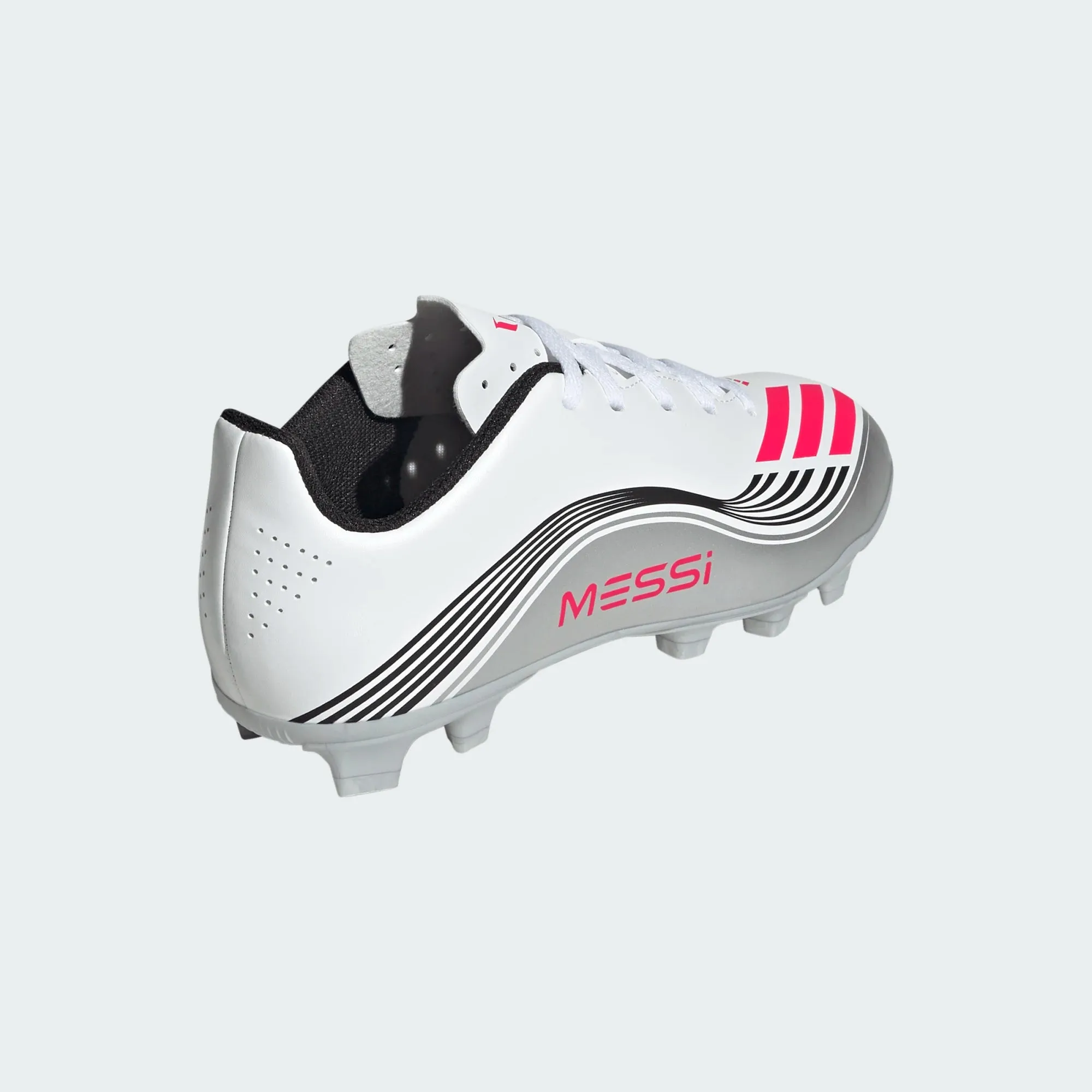 adidas Youth F50 Messi Club FG/MG Junior Soccer Cleats (White/Lucid Red/Silver Metallic) Motion Stability Zero Slip