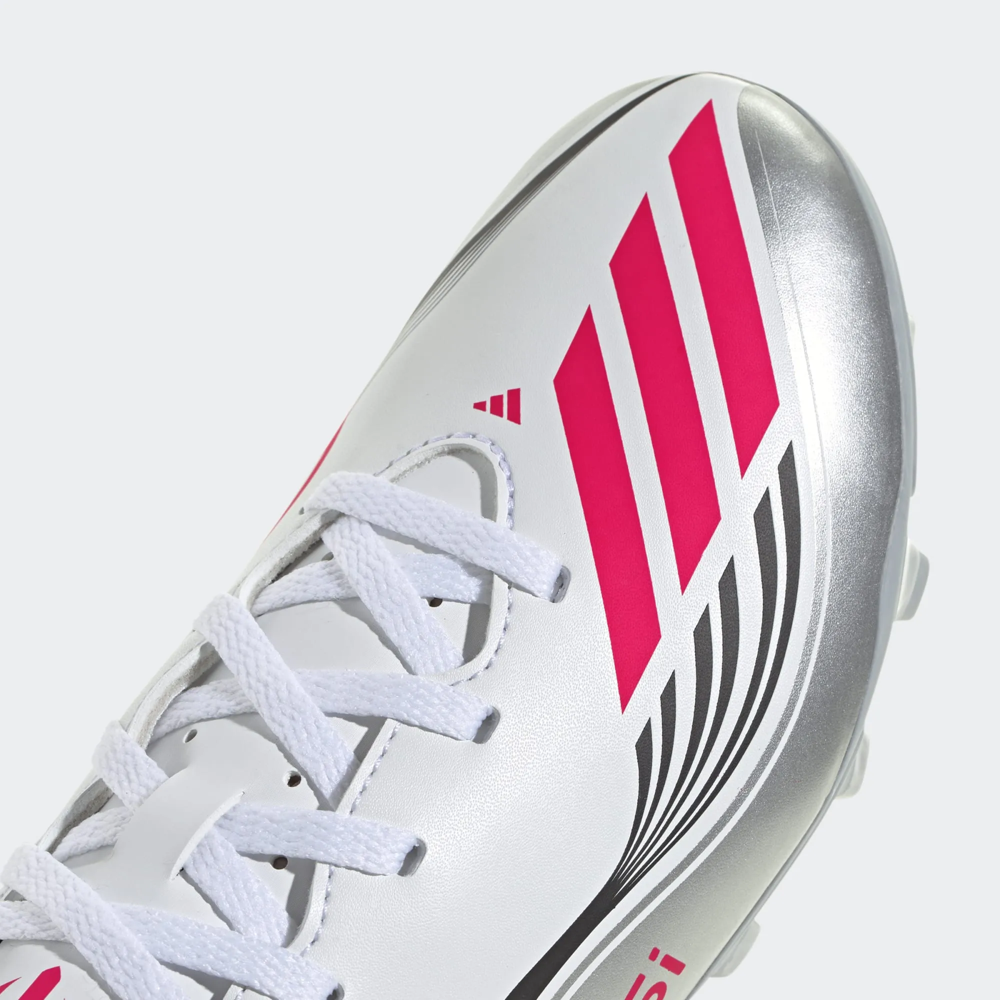 Weatherproof Contoured Footbed adidas Youth F50 Messi Club FG/MG Junior Soccer Cleats (White/Lucid Red/Silver Metallic)