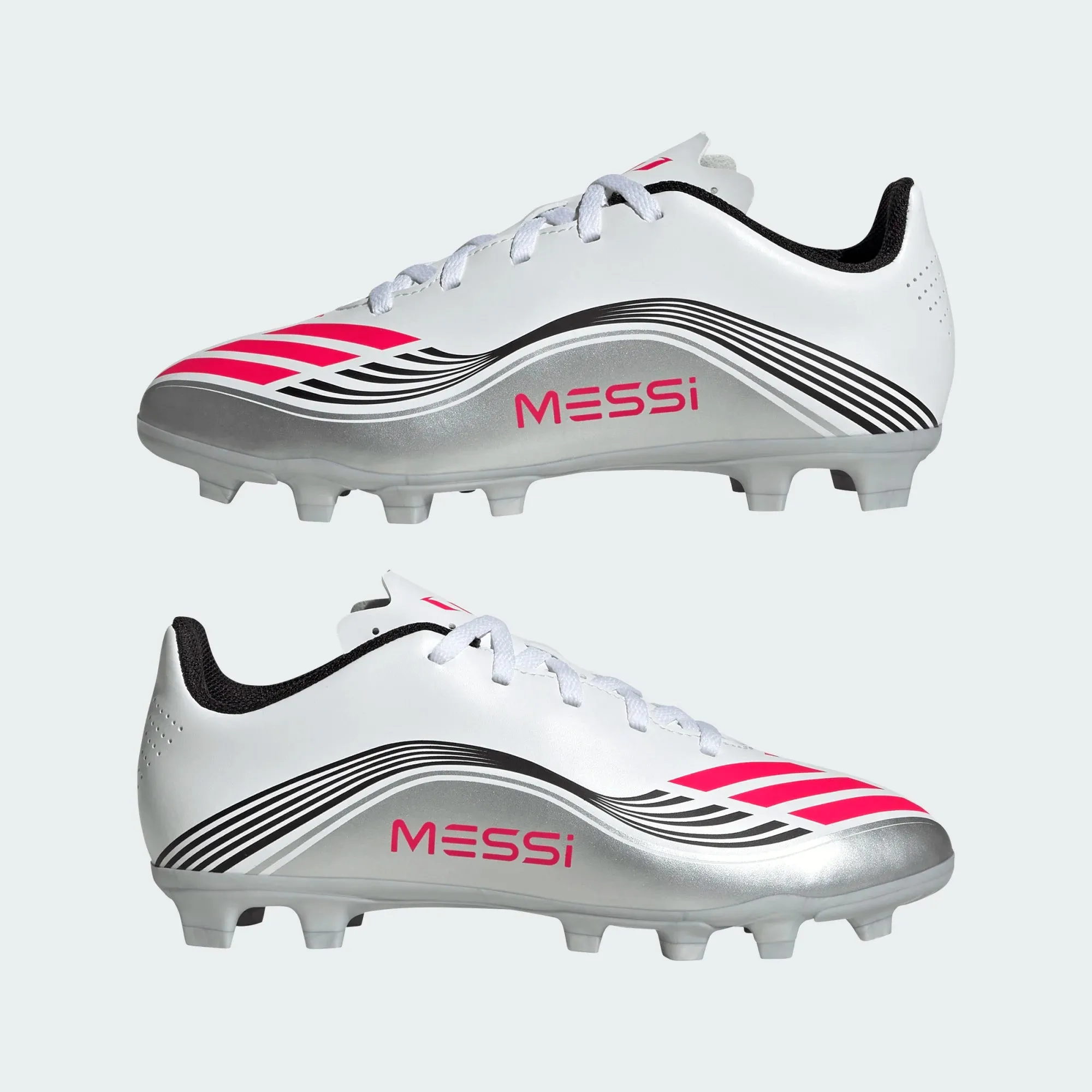 adidas Youth F50 Messi Club FG/MG Junior Soccer Cleats (White/Lucid Red/Silver Metallic) Fast Break Touch control