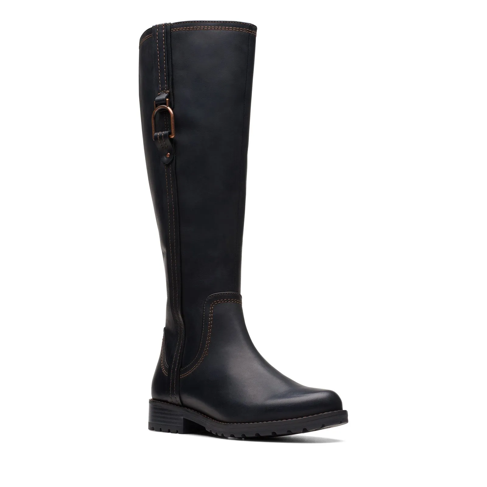 Clarks Aspra HI 26174955 Womens Black Wide Leather Zipper Knee High Boots Deep Tread Thick Grip