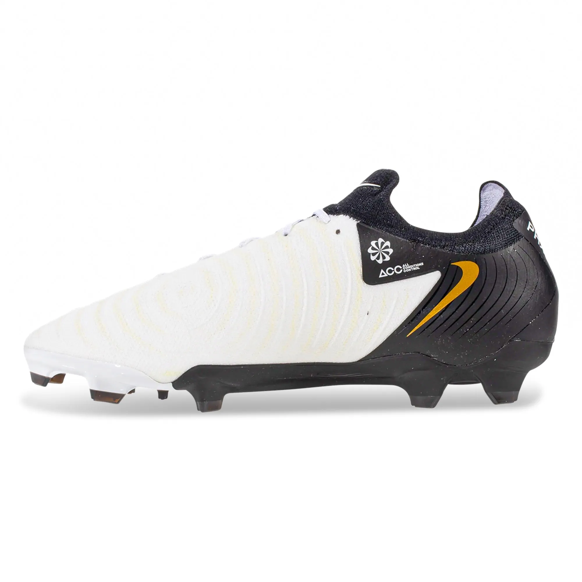 Cool Mesh Lock Fit Nike Phantom GX II Pro Firm Ground Soccer Cleats (White/Black/Metallic Gold Coin)