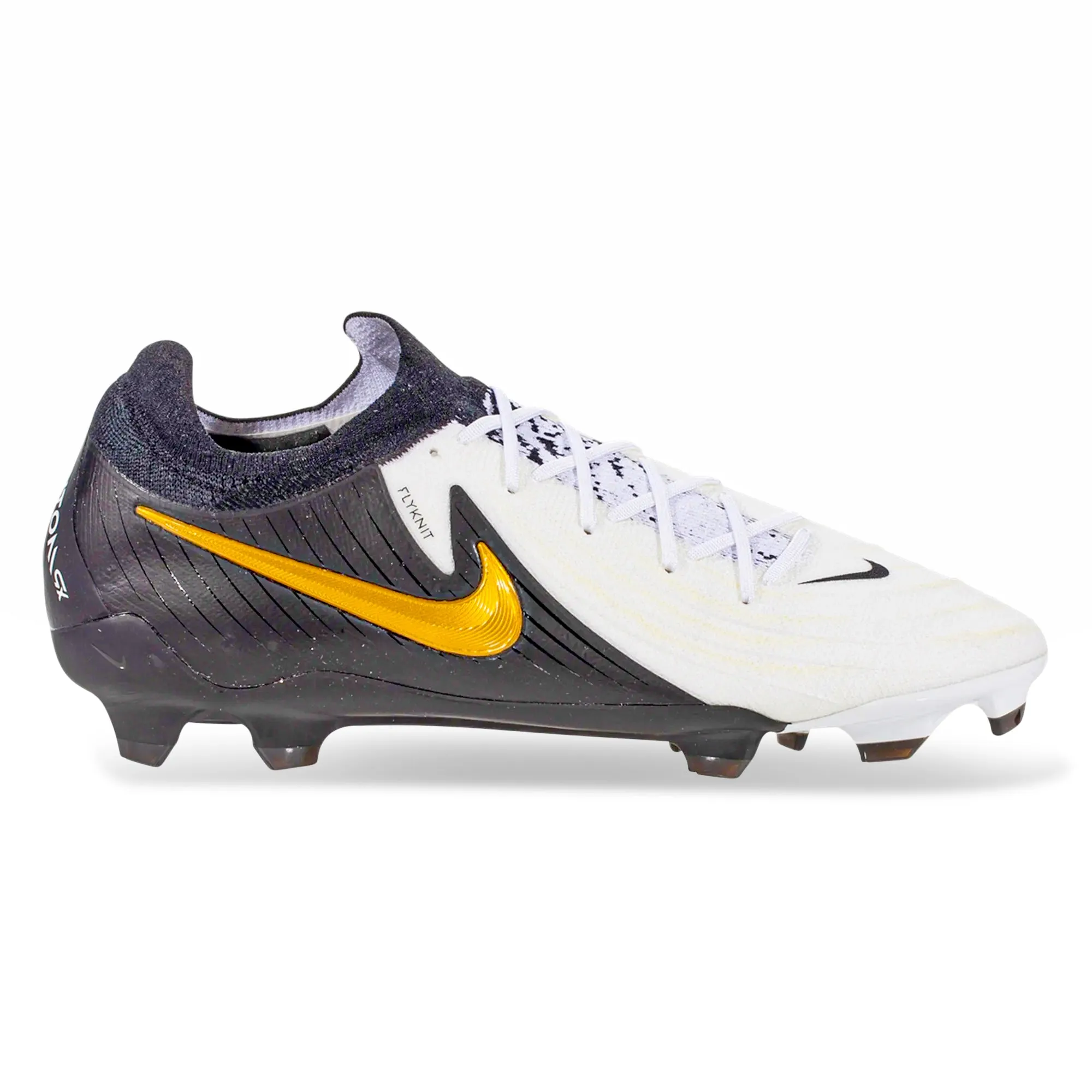 Match Ready Gear Player Gear Nike Phantom GX II Pro Firm Ground Soccer Cleats (White/Black/Metallic Gold Coin)