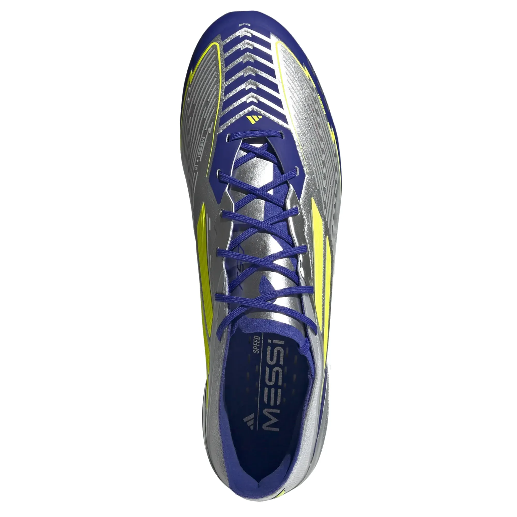Zone Fit Heat Retention adidas F50 Messi Elite FG Soccer Cleats (Silver Metallic/Lucid Blue)