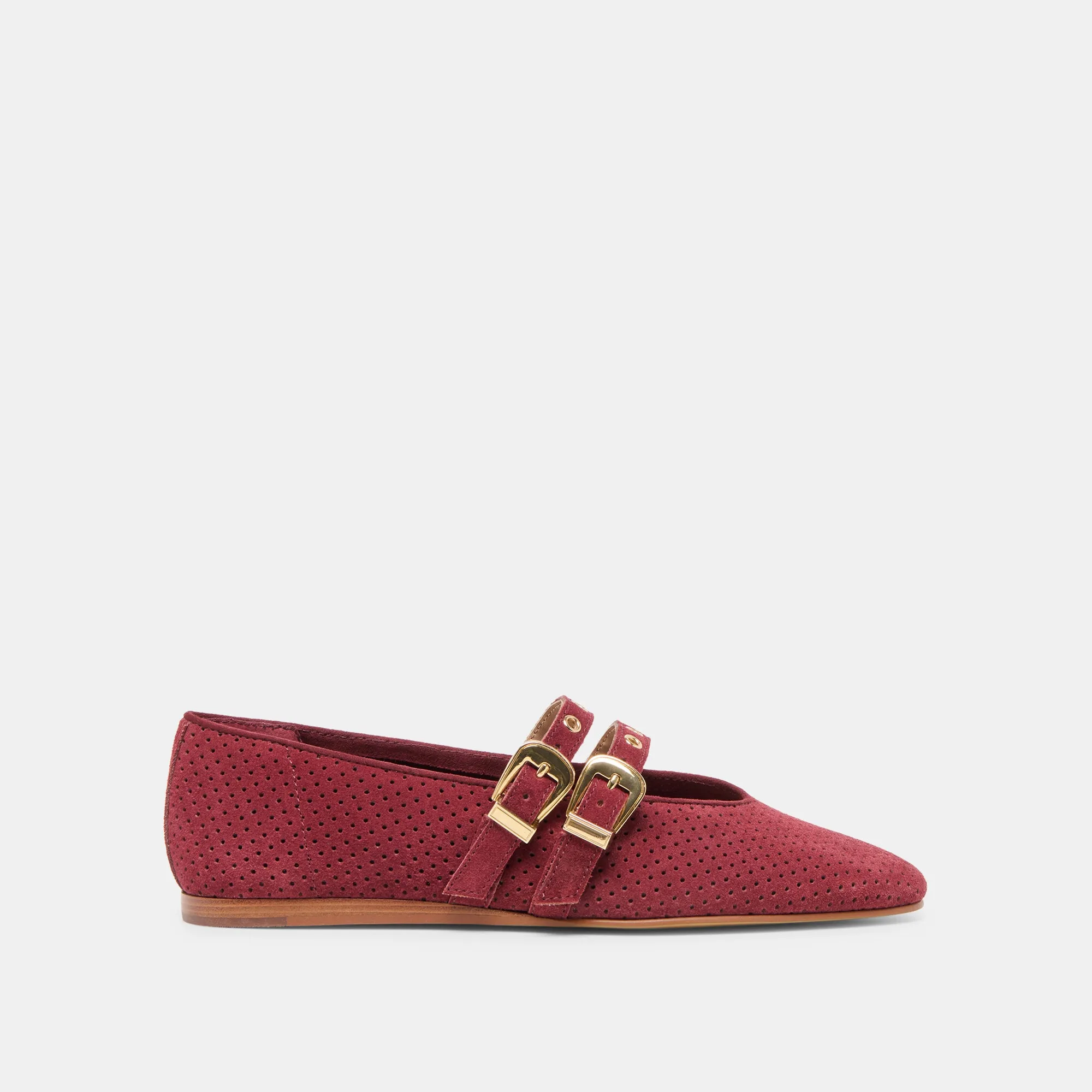 BAYLEE GROMMET BALLET FLATS OXBLOOD PERFORATED SUEDE Style Run Look Mood