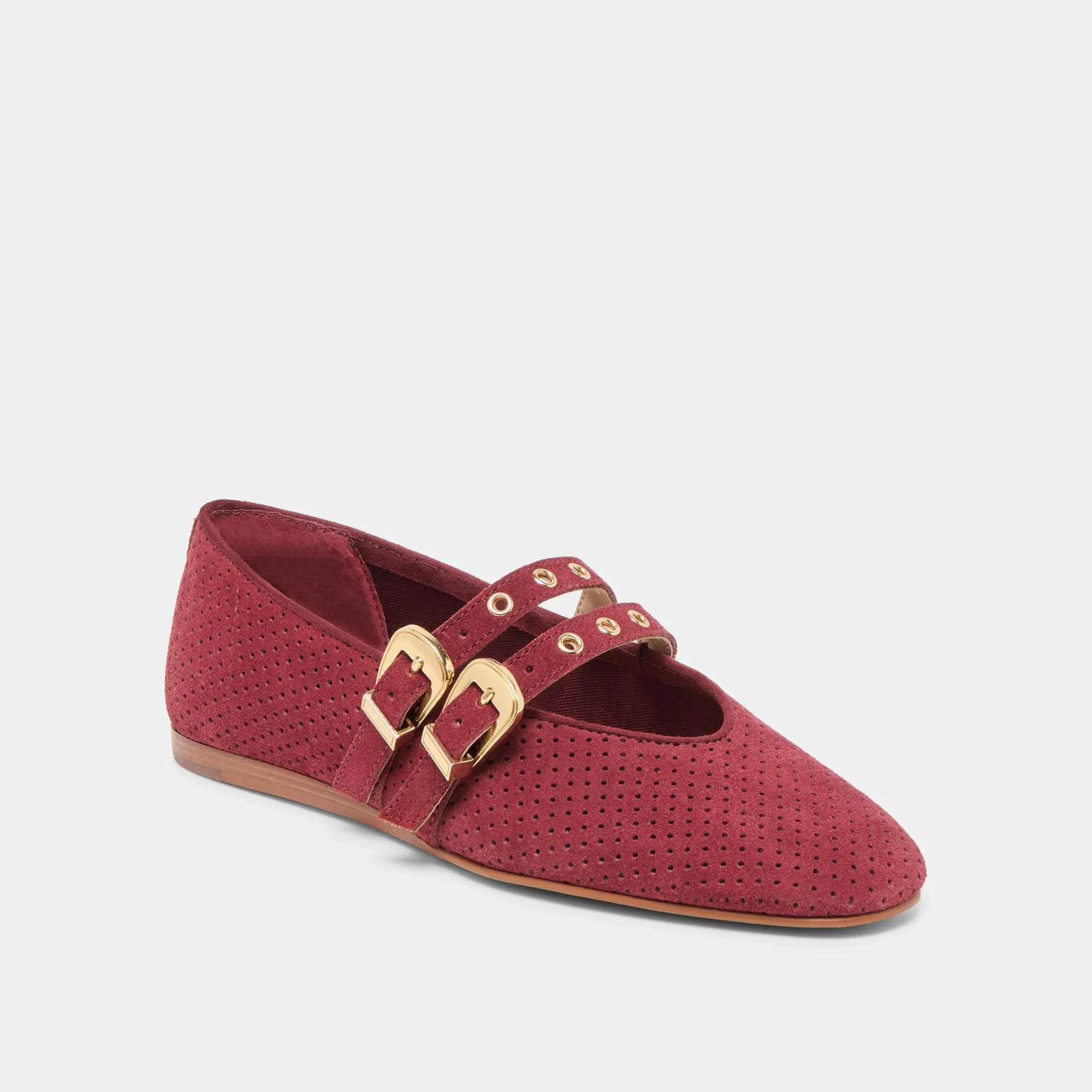 BAYLEE GROMMET BALLET FLATS OXBLOOD PERFORATED SUEDE Adjustable Fit