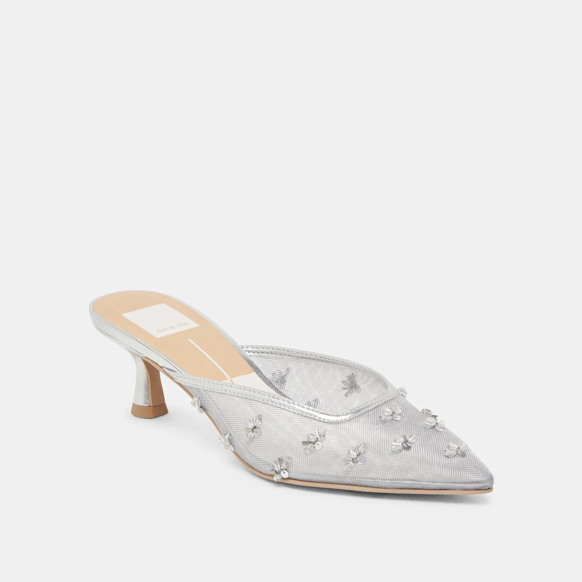 Embellished Wedding Shoes CLARA WIDE HEELS SILVER MESH