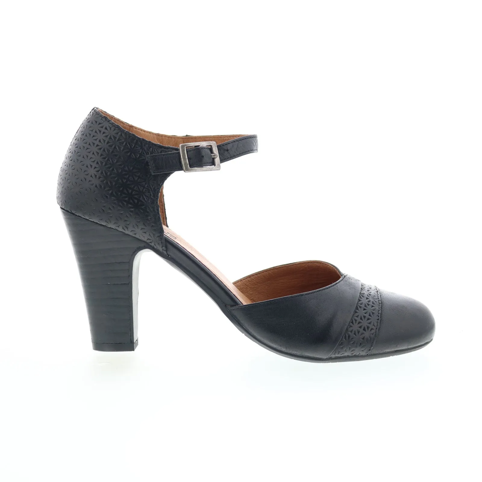 Miz Mooz Jay-EU Womens Black Leather Hook & Loop Strap Heels Shoes Bold Open Toe Heels Travel Heels