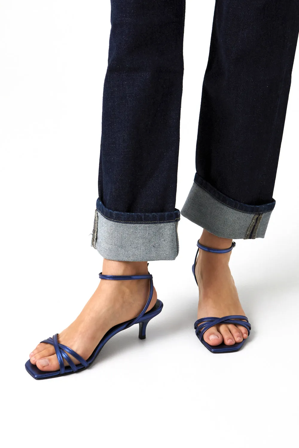 Romantic Heels Slip On Design Uma Sandals in Metallic Ocean-coloured Leather