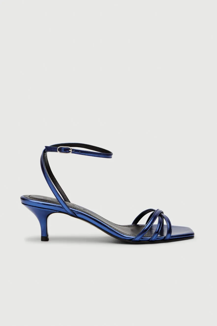 Chic Heeled Booties Open Toe Evening Pumps Uma Sandals in Metallic Ocean-coloured Leather