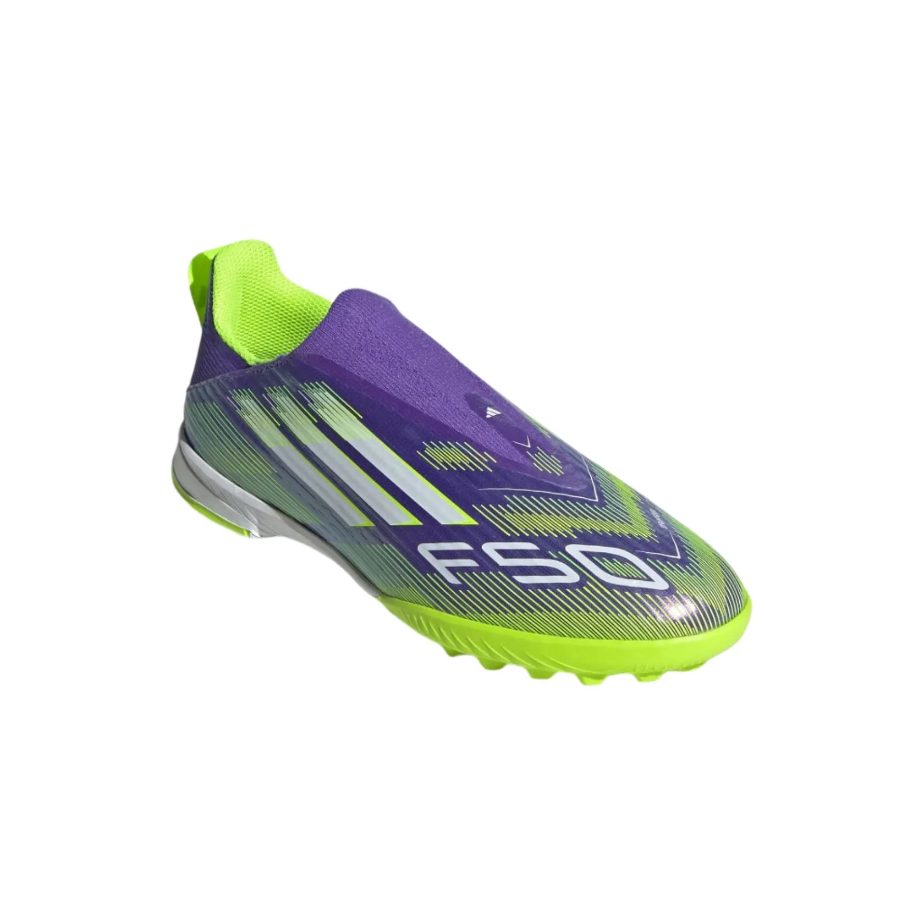Lateral Support adidas Jr. F50 League Laceless Firm Ground/Multi Ground Soccer Cleats (Purple Rush/Lucid Lemon)