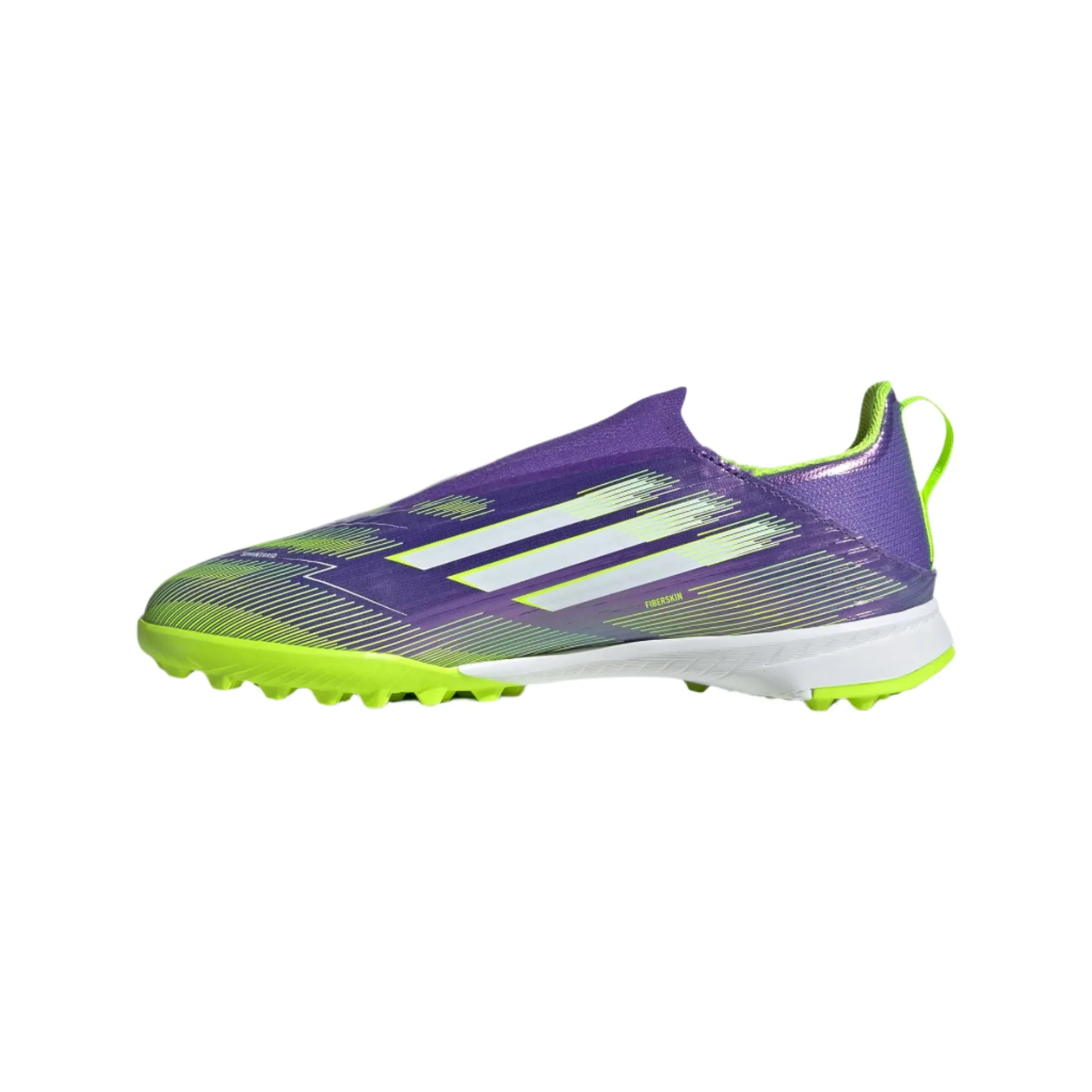 adidas Jr. F50 League Laceless Firm Ground/Multi Ground Soccer Cleats (Purple Rush/Lucid Lemon) Strike Zone Compression Zone