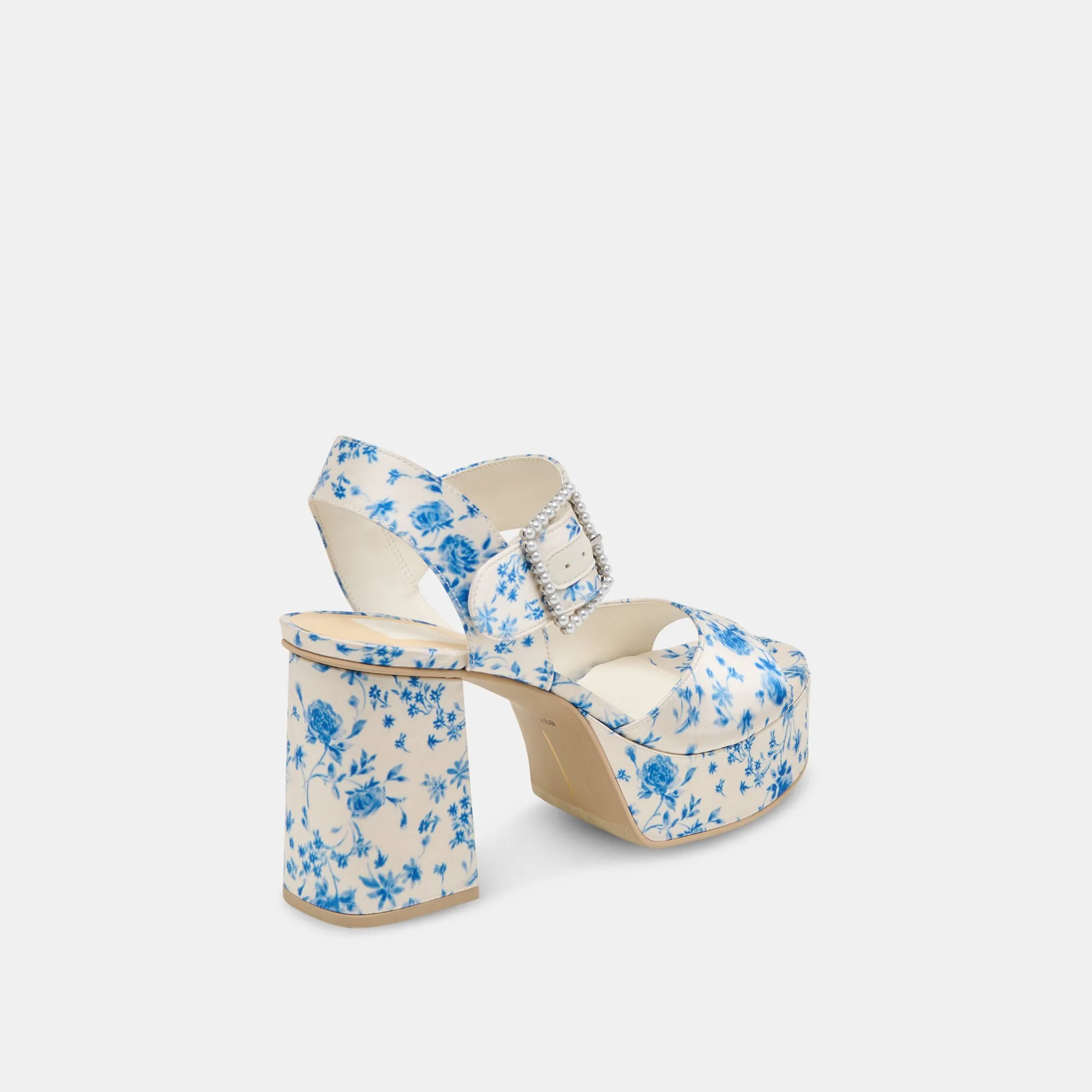 Reinforced toe Luxe Leather Heels BOBBY PEARL HEELS BLUE FLORAL SATIN