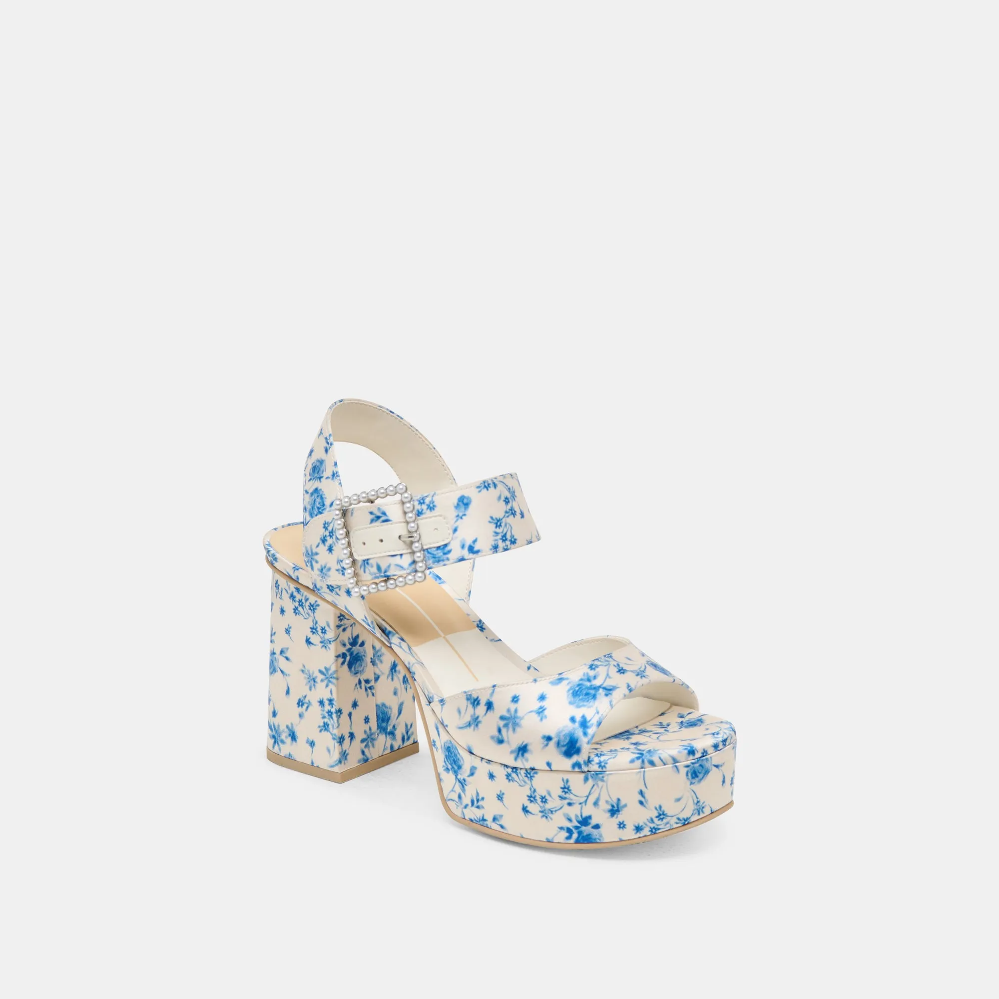 Chic White Stilettos Chic Designer Heels BOBBY PEARL HEELS BLUE FLORAL SATIN