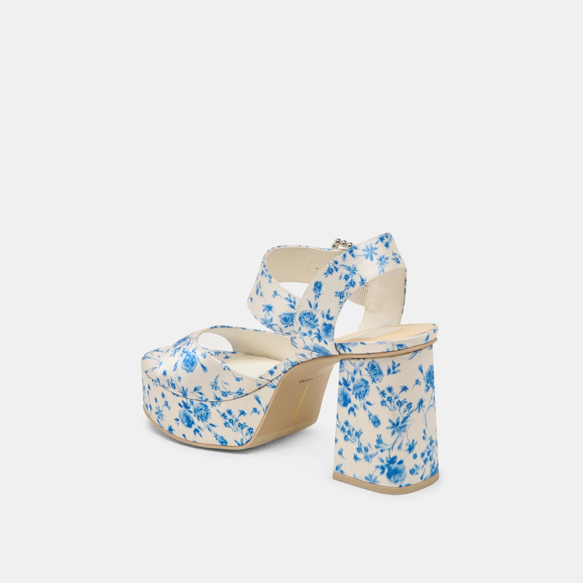 BOBBY PEARL HEELS BLUE FLORAL SATIN Ankle Strap Heels Lightweight Sole