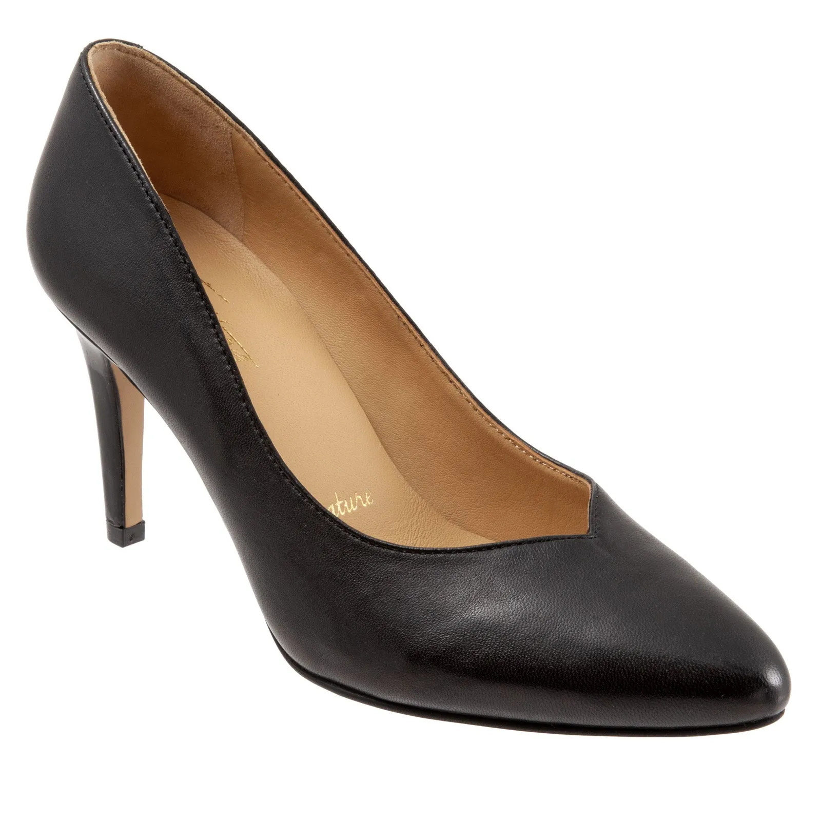 Trotters Angie T2050-001 Womens Black Narrow Leather Pumps Heels Shoes Slip On Design