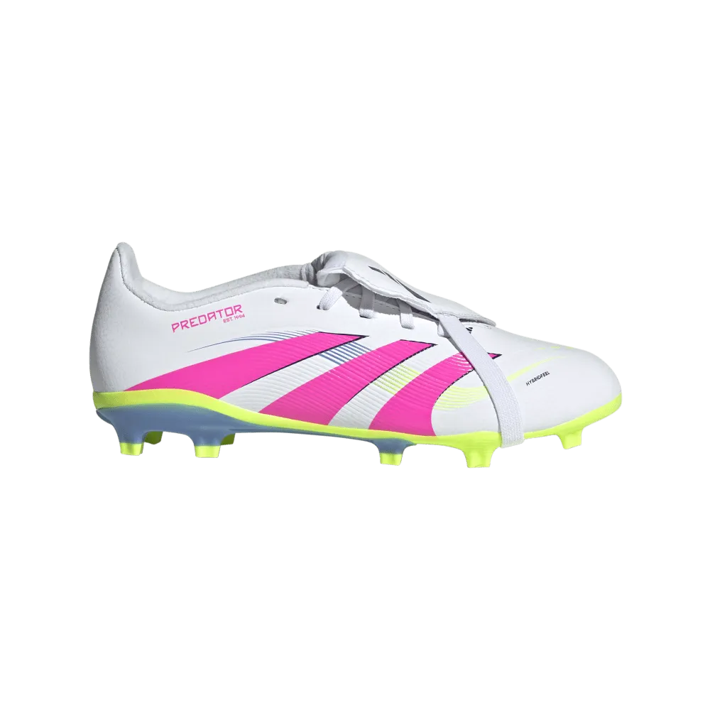 Adidas Predator League Fold-Over Tongue FG Jnr Football Boots (White/Lucid Pink/Lucid Lemon) buckle - up style Reinforced toe