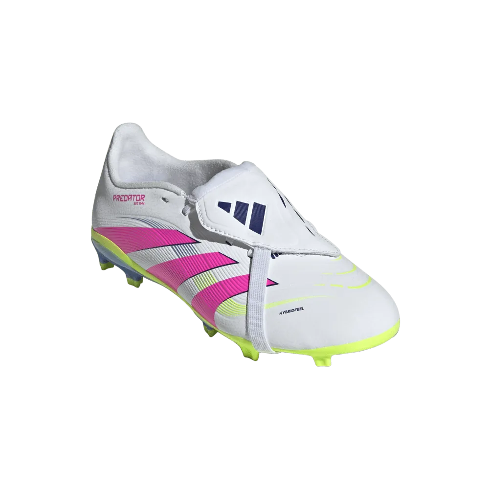 Adidas Predator League Fold-Over Tongue FG Jnr Football Boots (White/Lucid Pink/Lucid Lemon) Retro-inspired thin heel