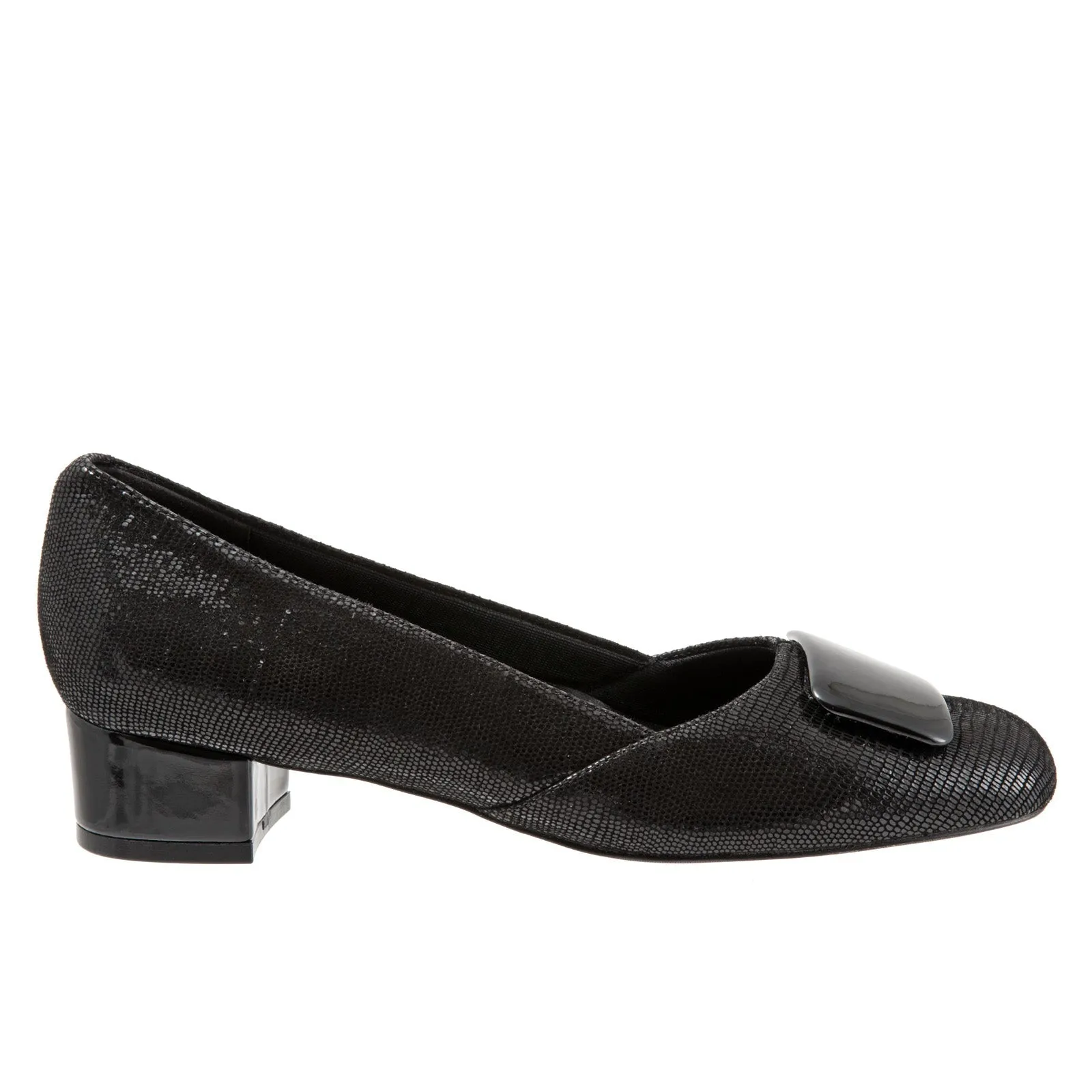 Party Heels for Women Stretchable Fabric Trotters Delse T1852-008 Womens Black Leather Slip On Pumps Heels Shoes