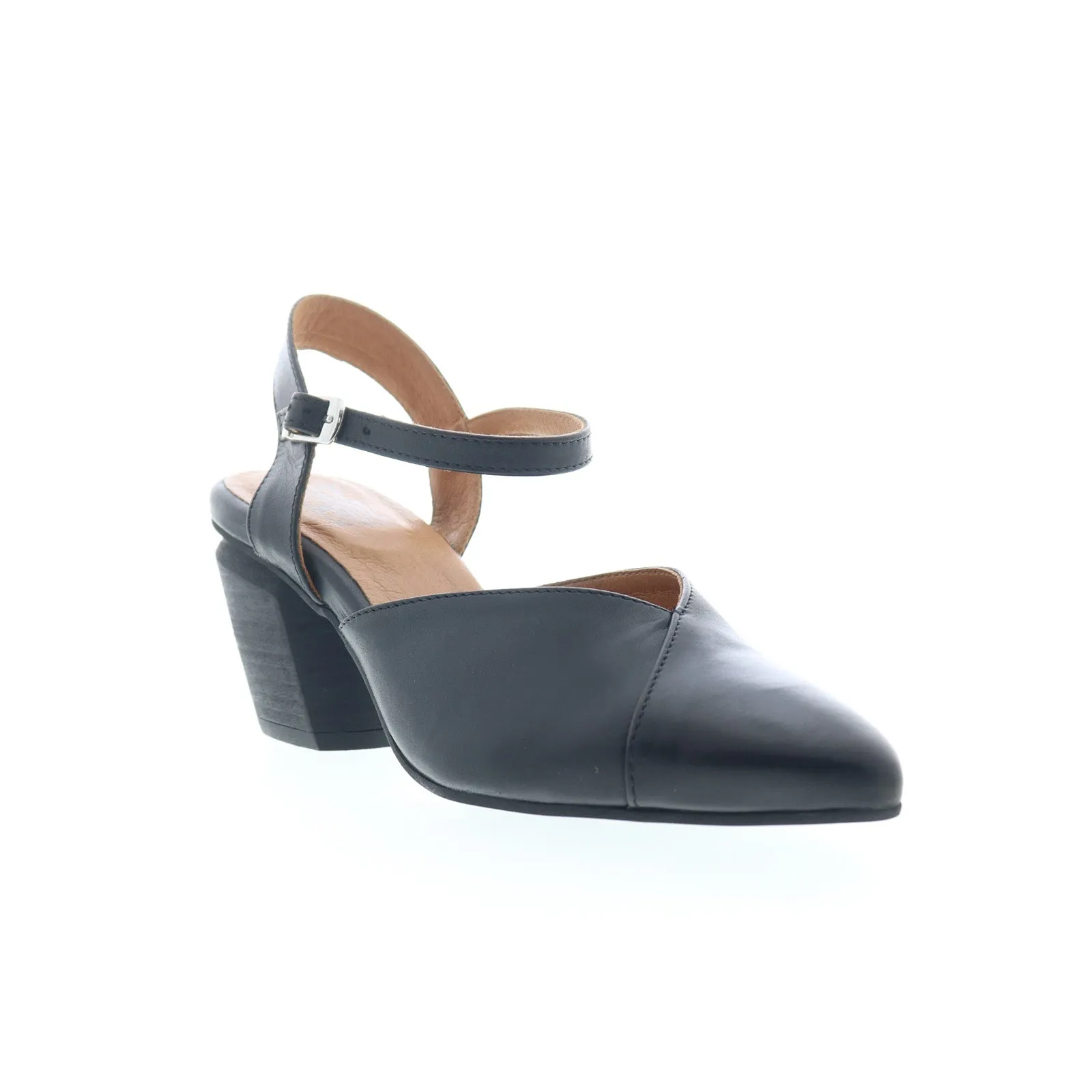 Miz Mooz Alina Womens Black Leather Hook & Loop Strap Heels Shoes Good Traction