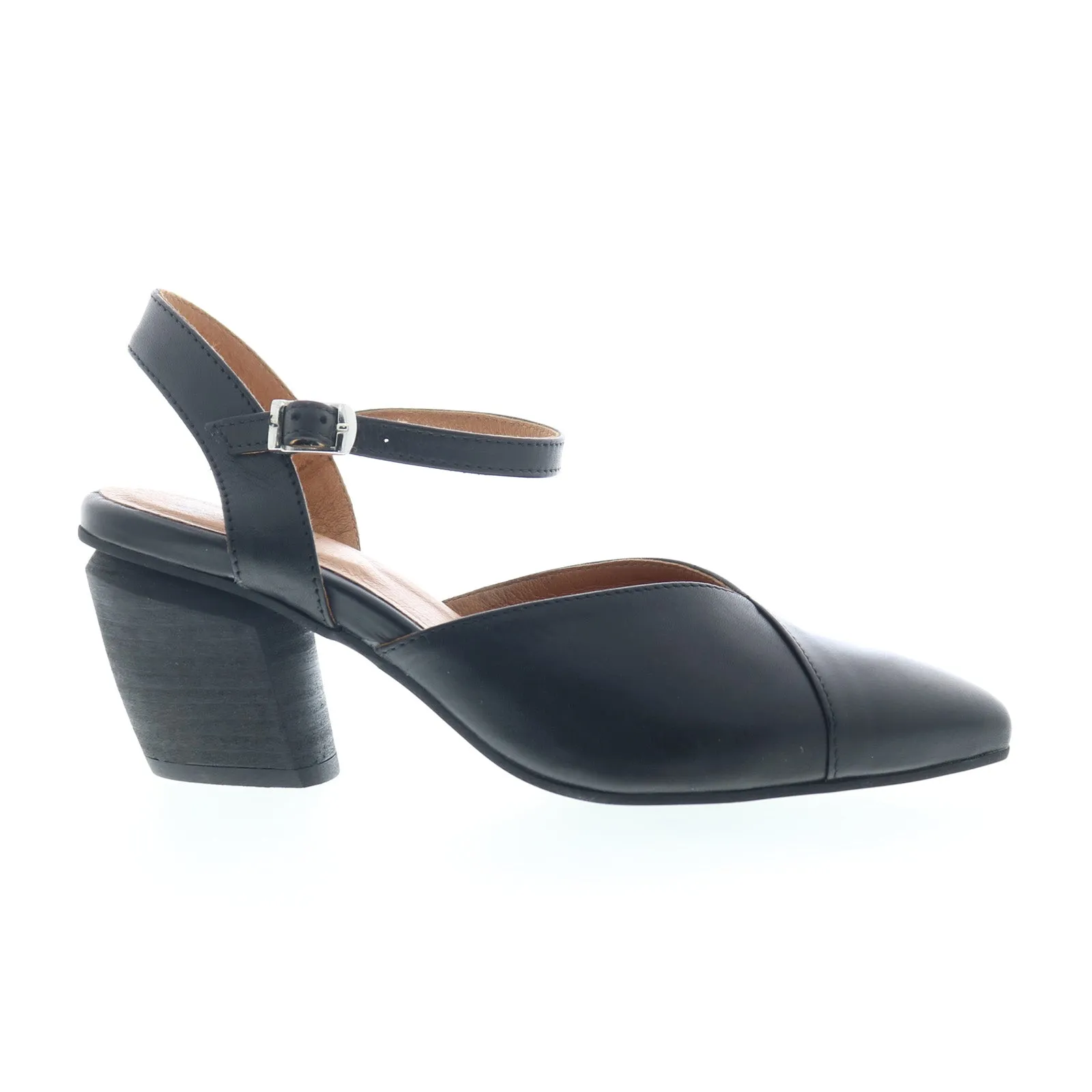 Miz Mooz Alina Womens Black Leather Hook & Loop Strap Heels Shoes Cute Heels Comfortable fit