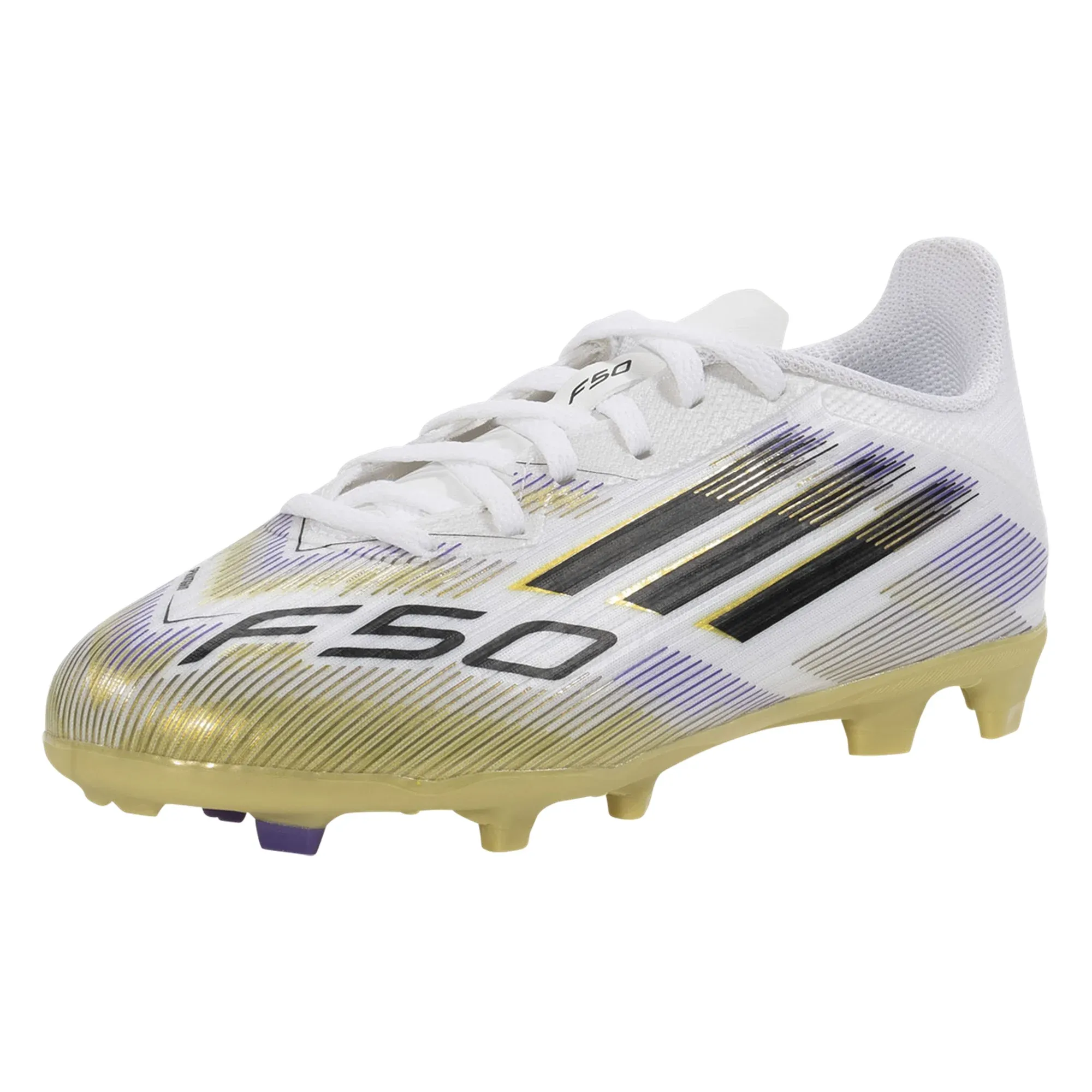 adidas F50 League Firm Ground Multi Ground Junior Soccer Cleats (White/Black/Gold Metallic) Air Channel Sports Enthusiast