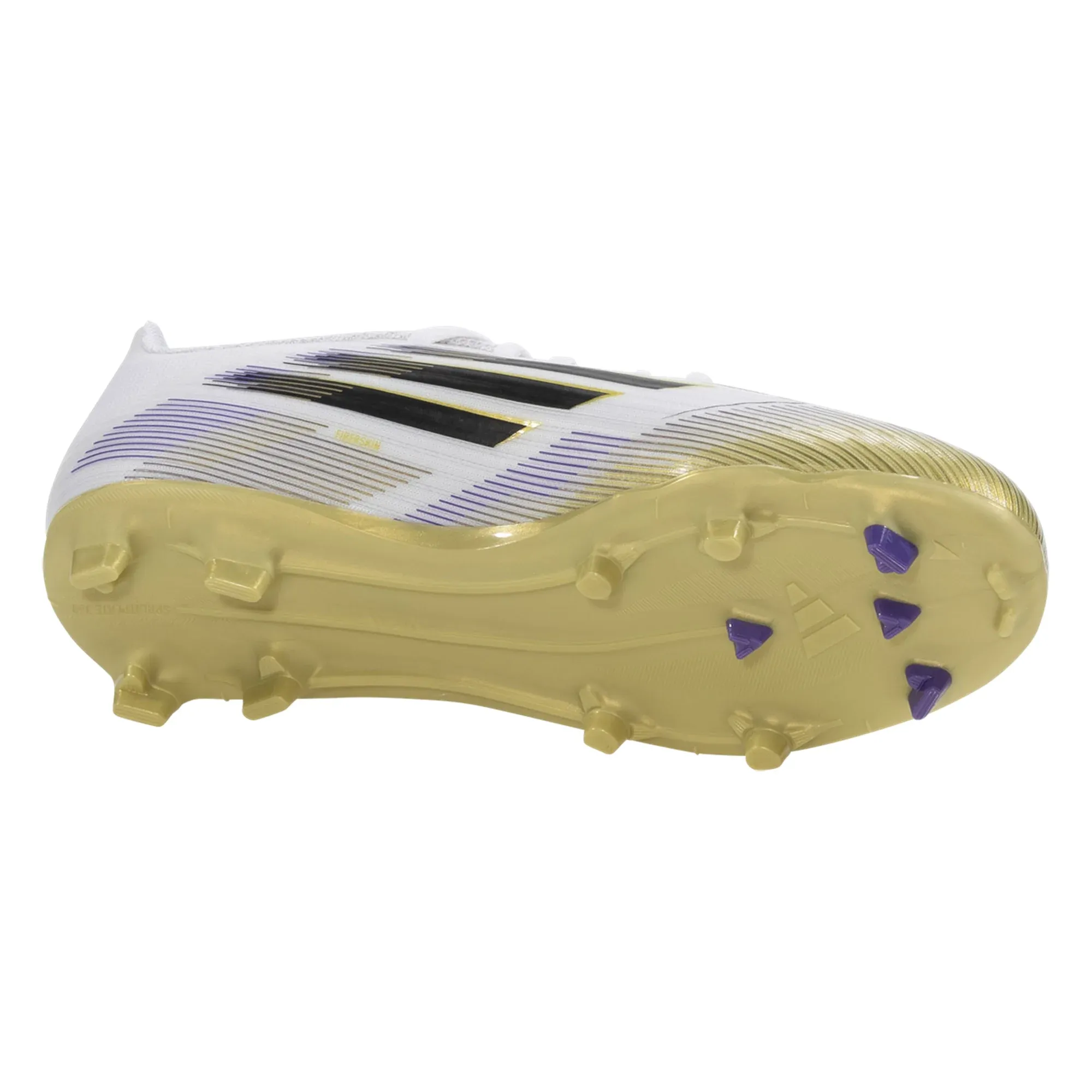 Lockdown fit Fast Turns adidas F50 League Firm Ground Multi Ground Junior Soccer Cleats (White/Black/Gold Metallic)