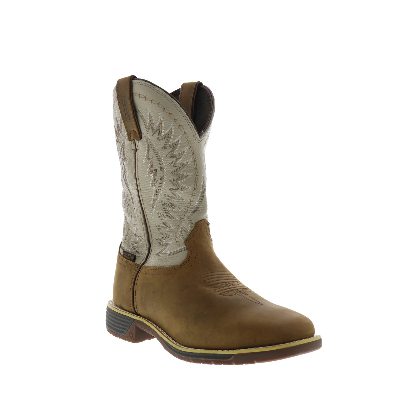 Quick Fit Slip-On Style Rocky Rugged Trail Waterproof RKW0366 Mens Brown Wide Cowboy Western Boots