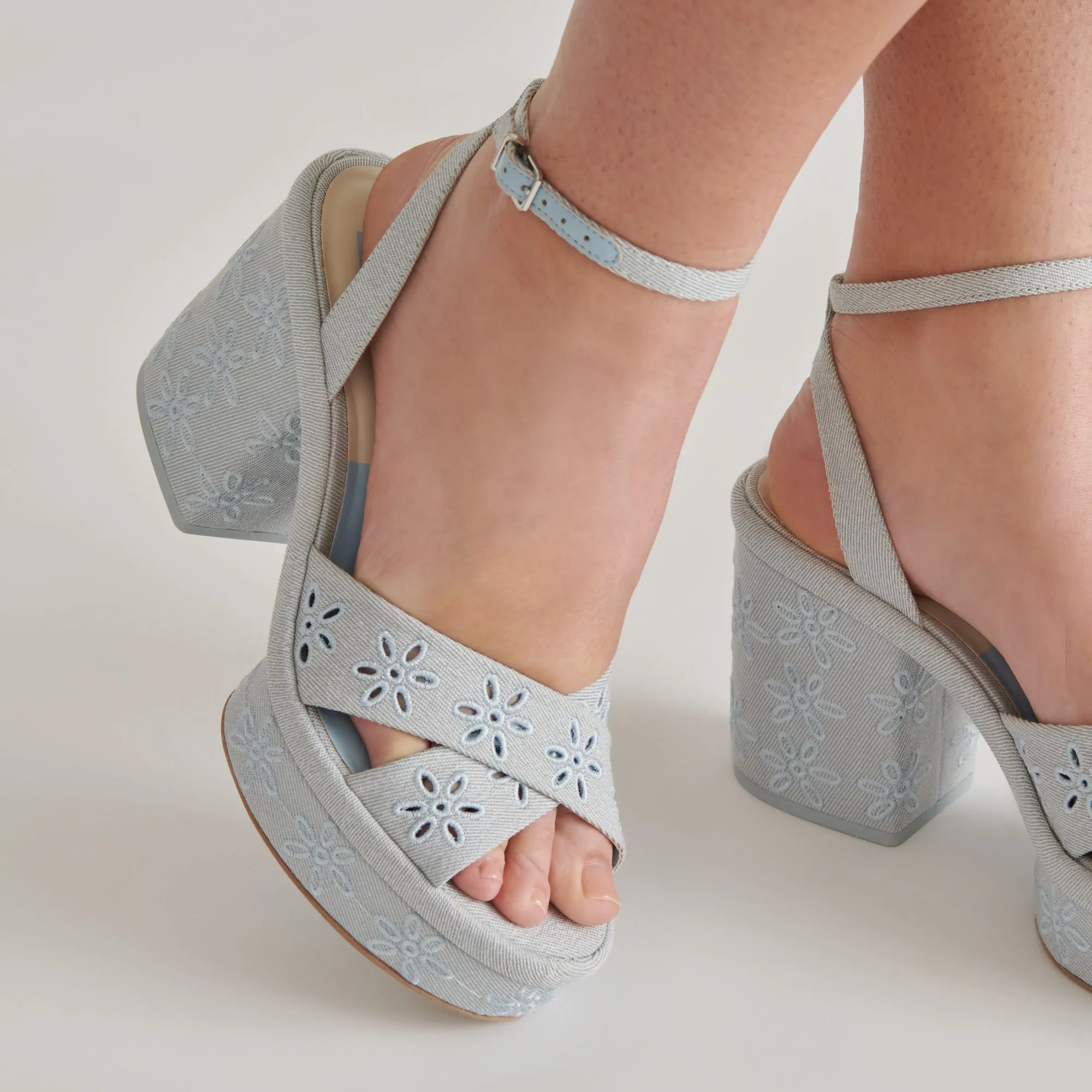 LAISHA HEELS LIGHT BLUE FLORAL EYELET Heels for Spring Fall Heels